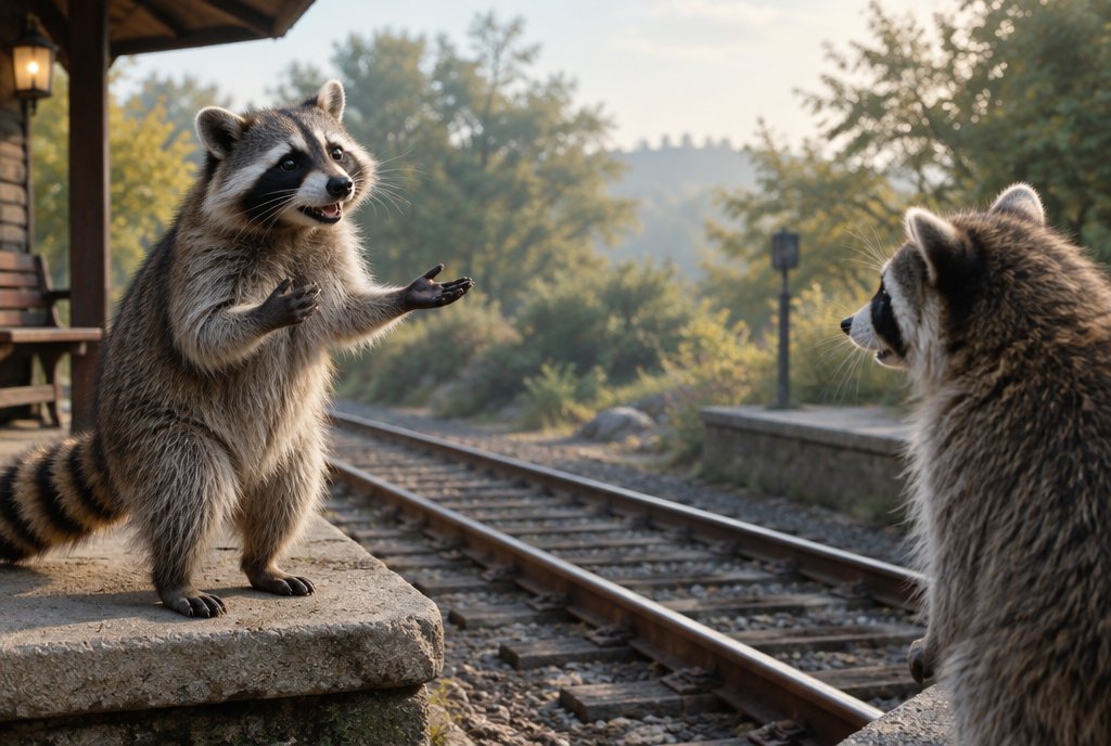 Waschbär spricht vom eigenen Bahnsteig aus