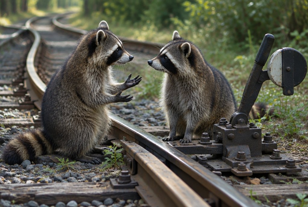 Zwei Waschbären reden an der Weiche