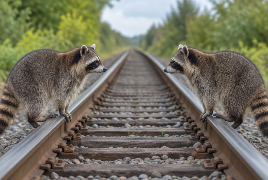 Zwei Waschbären stehen sich auf einem Gleis gegenüber