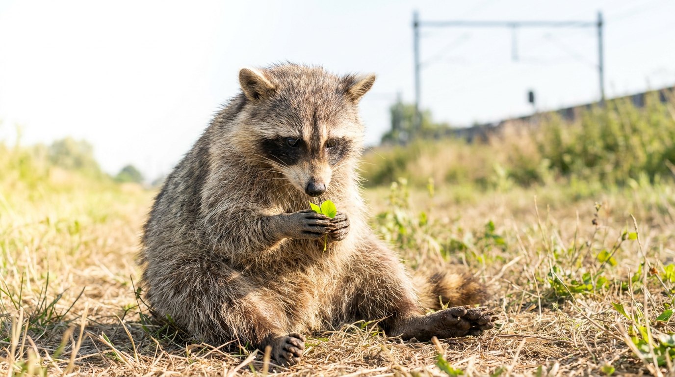 Ein Waschbär betrachtet aufmerksam ein einzelnes kleines Blatt, viel leerer Raum ringsum