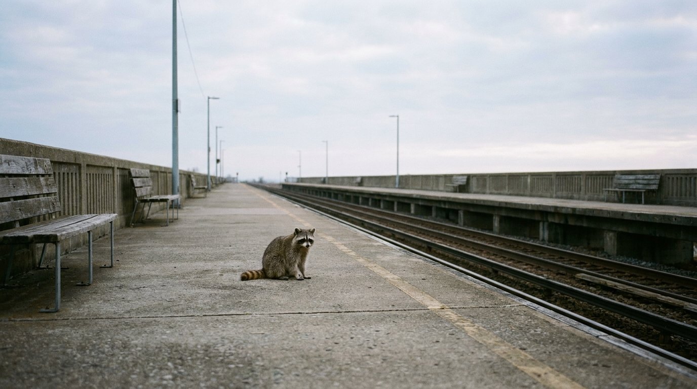 Ein einzelner Waschbär auf einem langen, leeren Bahnsteig, sehr viel freier Raum