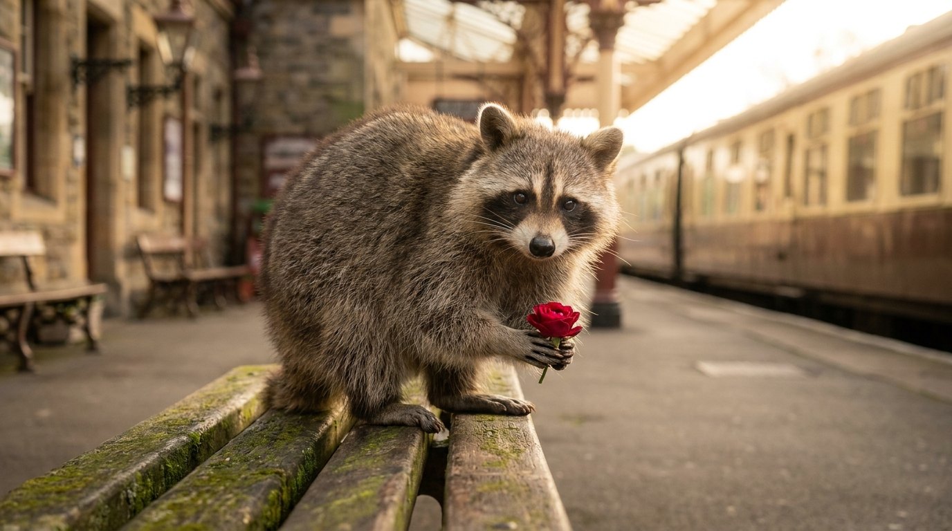 Ein Waschbär sitzt mit einer kleinen roten Rose auf einer Bahnhofsbank im warmen Abendlicht