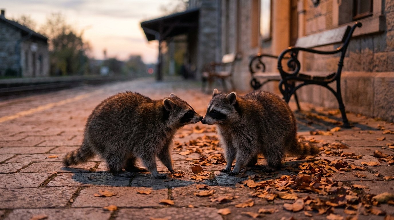 Zwei Waschbären Nase an Nase auf einem Bahnsteig in der Abenddämmerung