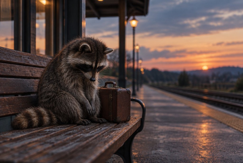 Waschbär sitzt allein mit Koffer auf der Bank