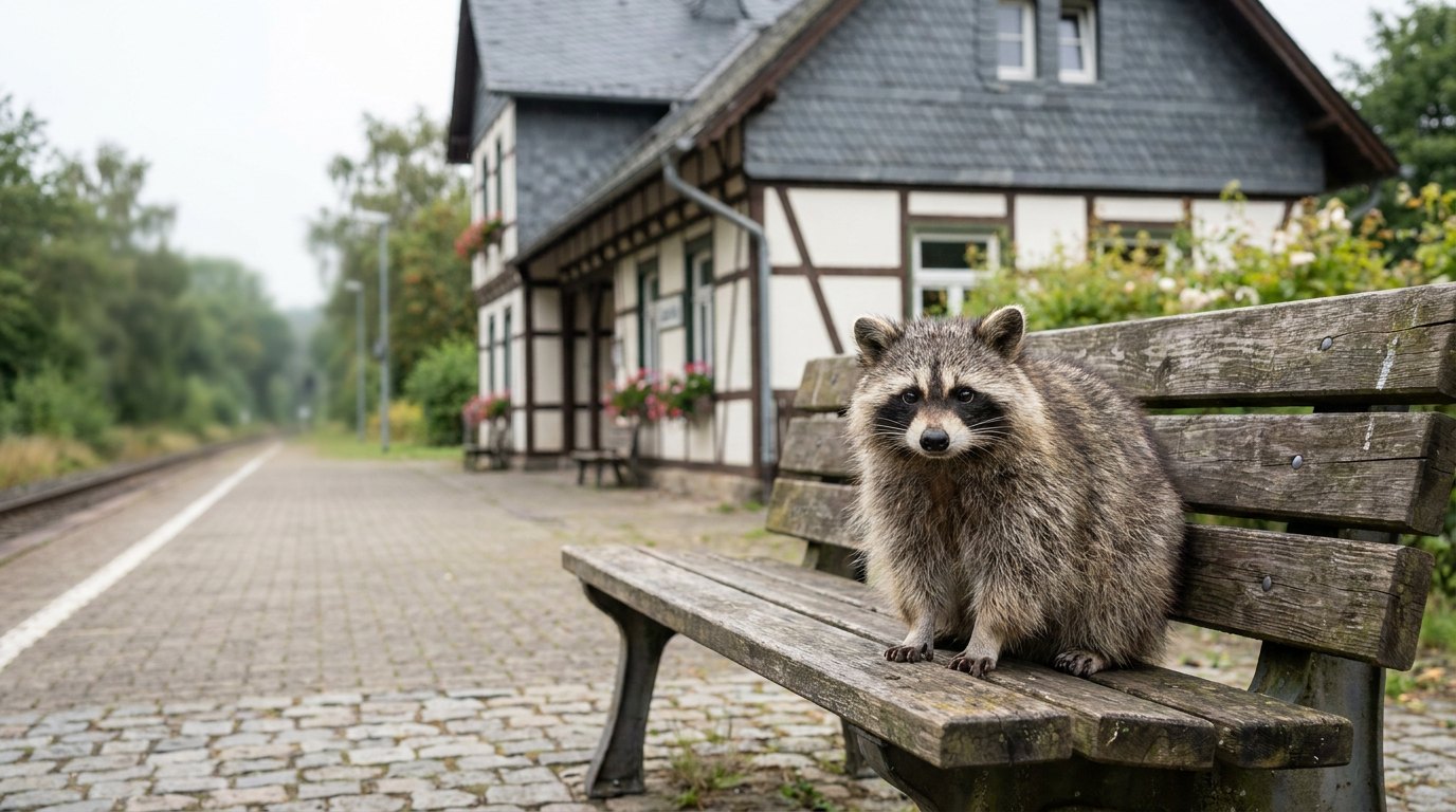 Ein realistischer Waschbär an einem Bahnhof – Symbolbild zum Mundart-Slam