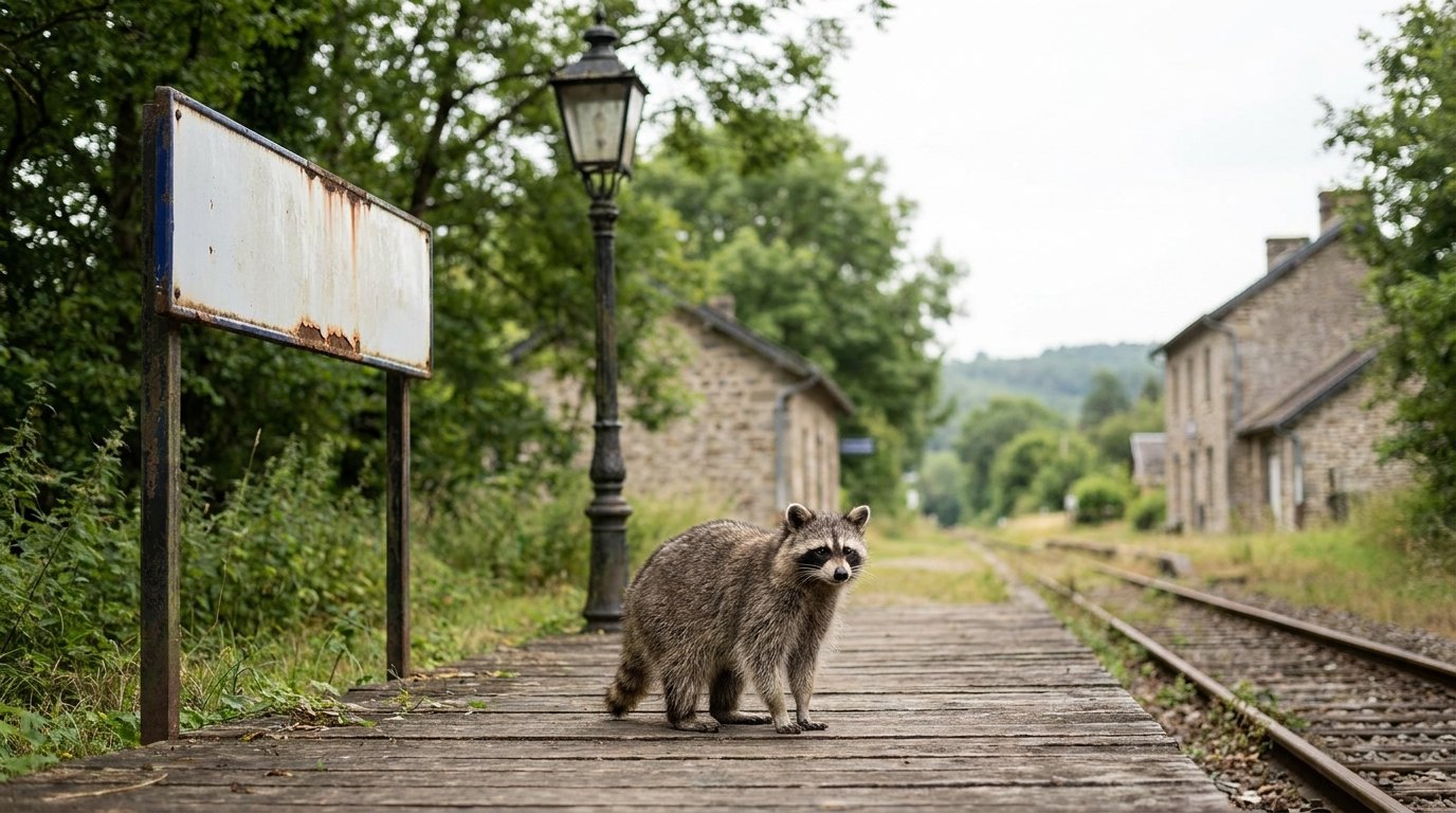 Ein Waschbär an einem Bahnhof – Symbolbild zum Dichten im Dialekt