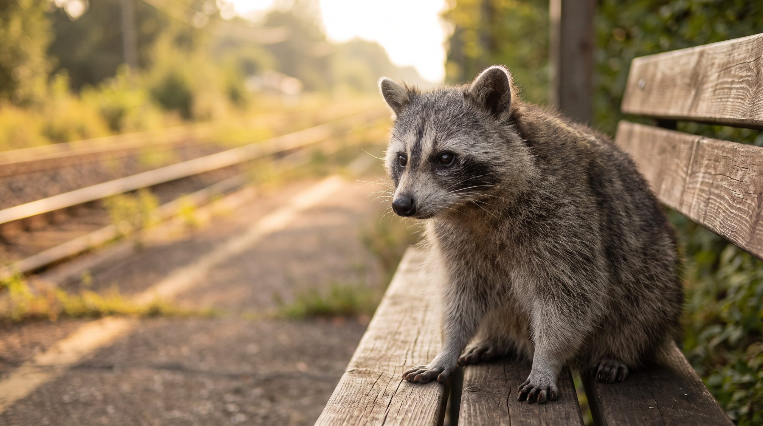 Alter grauer Waschbär sitzt allein und gelassen auf einer Bahnhofsbank