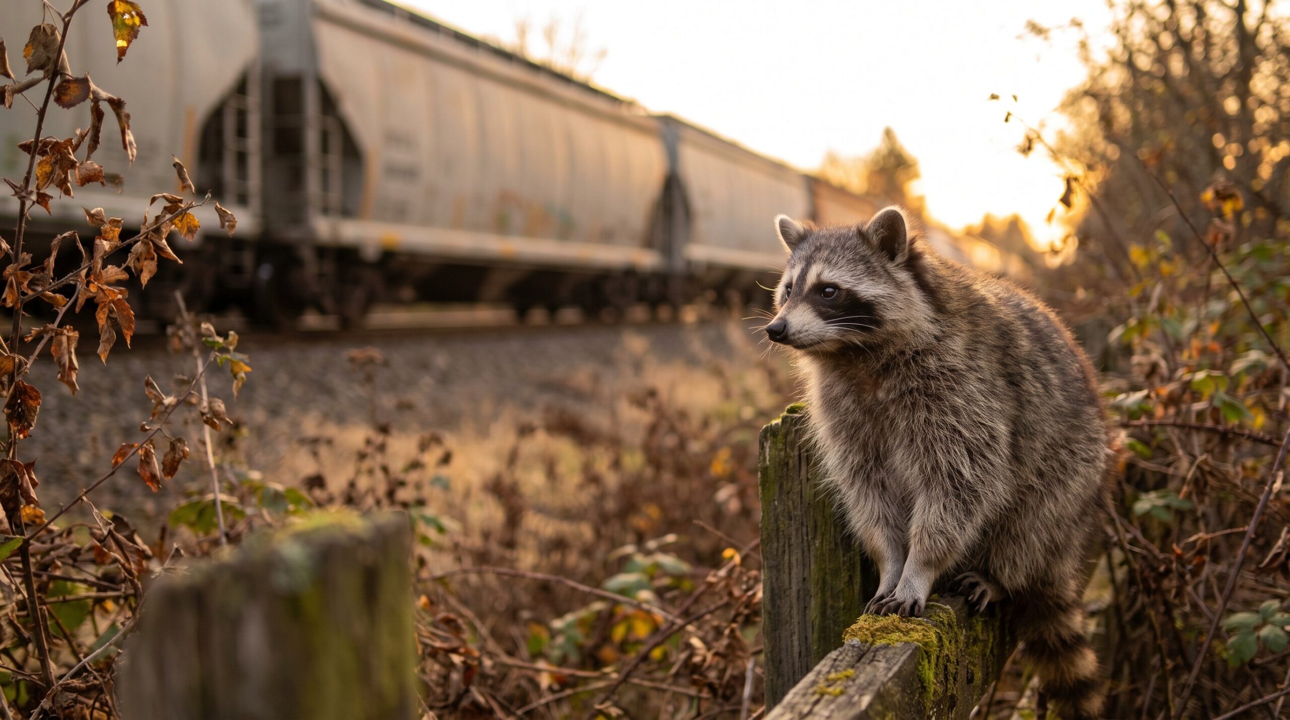 Alter Waschbär schaut einem vorbeifahrenden Zug friedlich und wehmütig nach