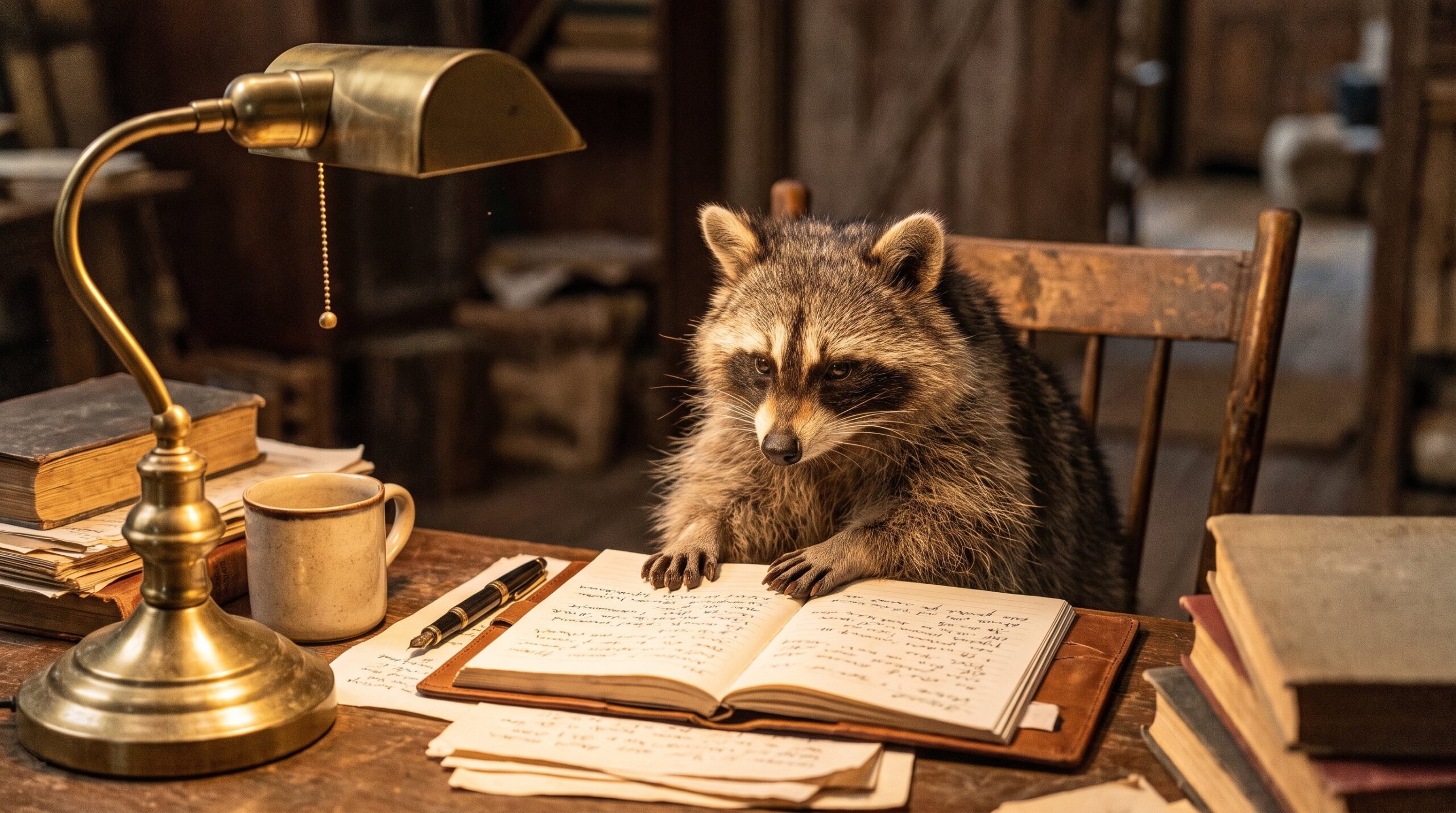 Waschbär schreibt an einem alten Holzschreibtisch mit Notizbuch