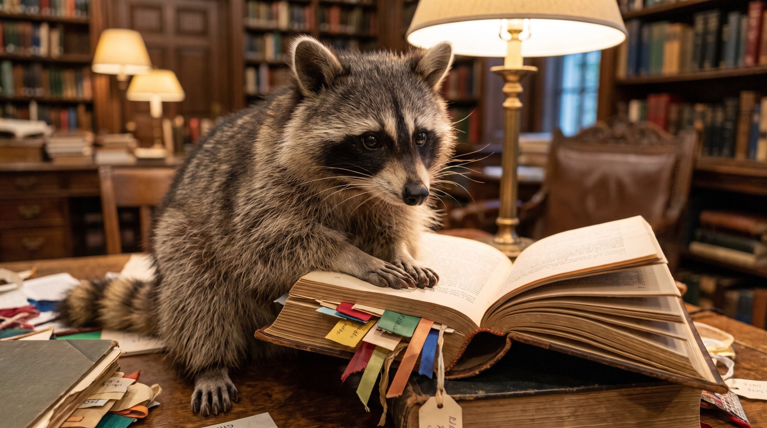 Waschbär hält ein dickes Buch mit vielen bunten Lesezeichen