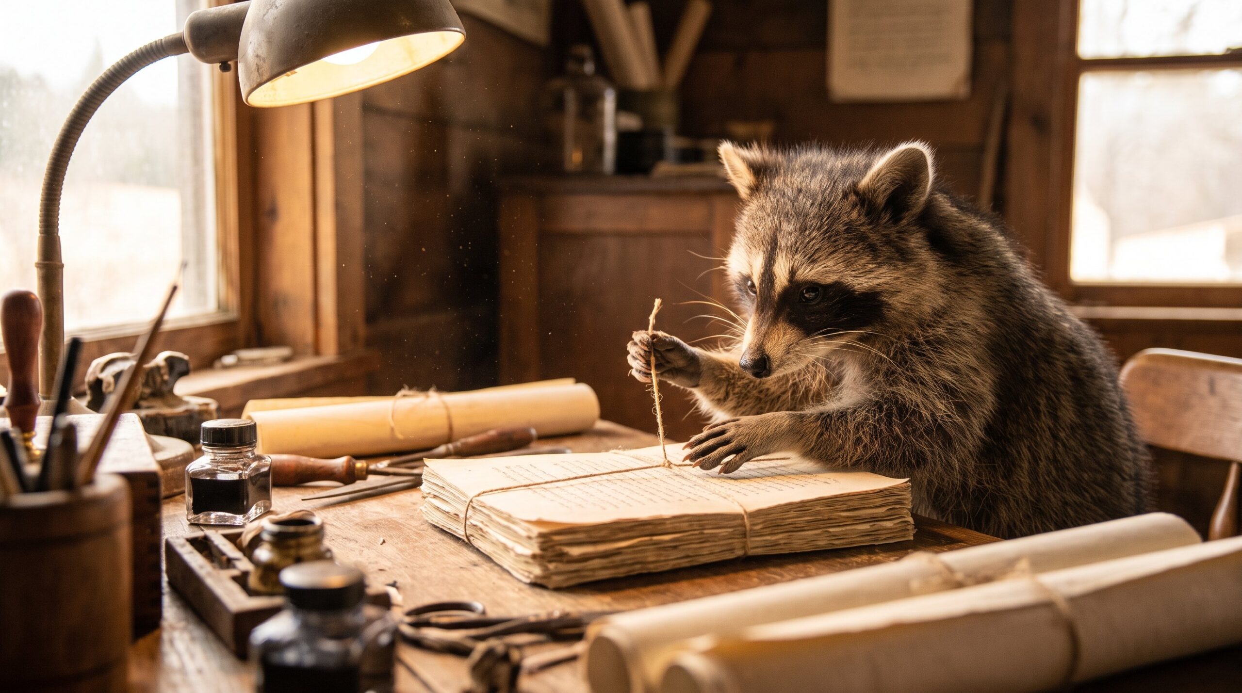 Waschbär bindet einen Stapel Manuskriptseiten zu einem Buch