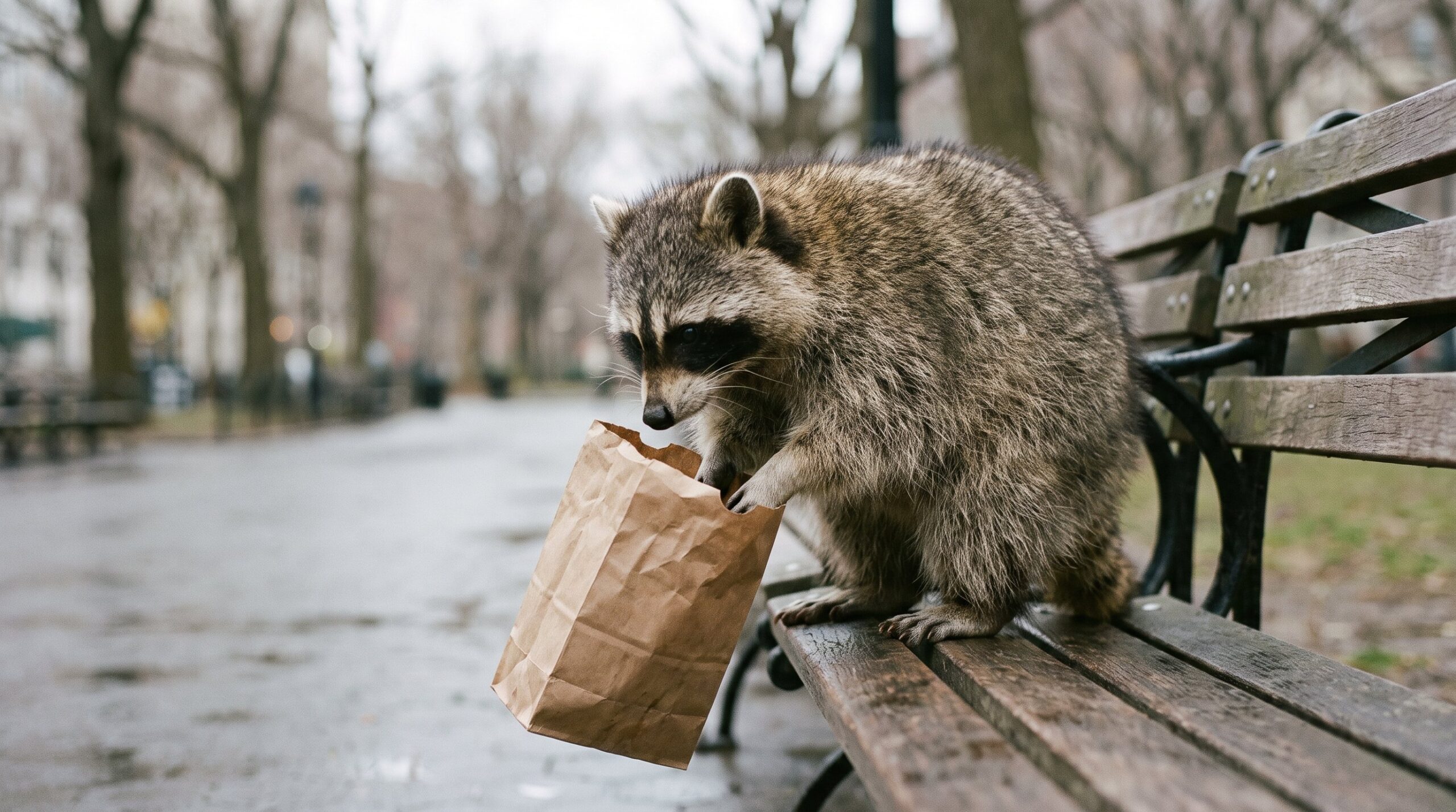 Waschbär schaut still in eine fast leere Papiertüte, abgetragen aber würdevoll