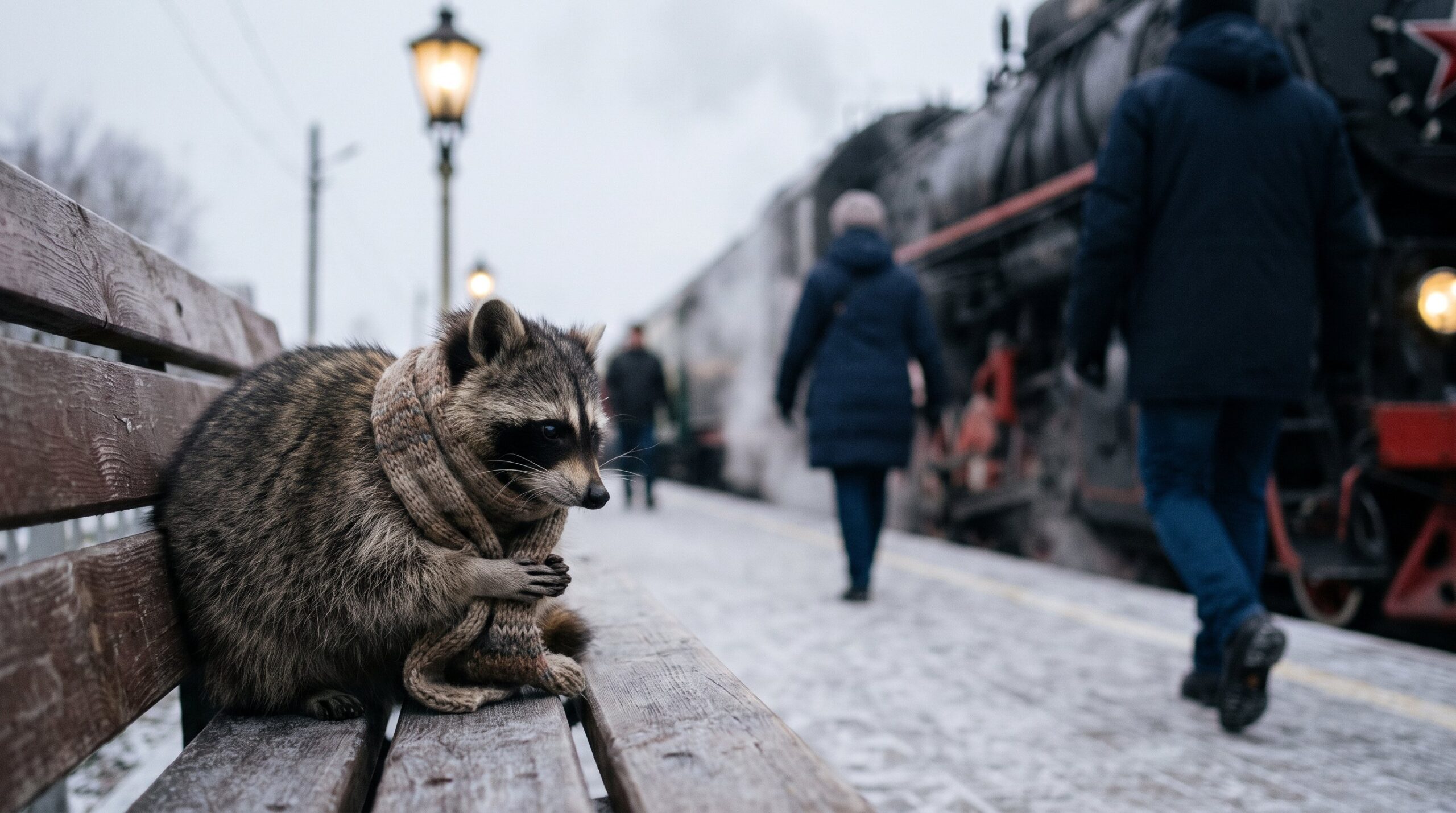 Waschbär wärmt sich die Pfoten mit einem Schal an einem kalten Bahnhof