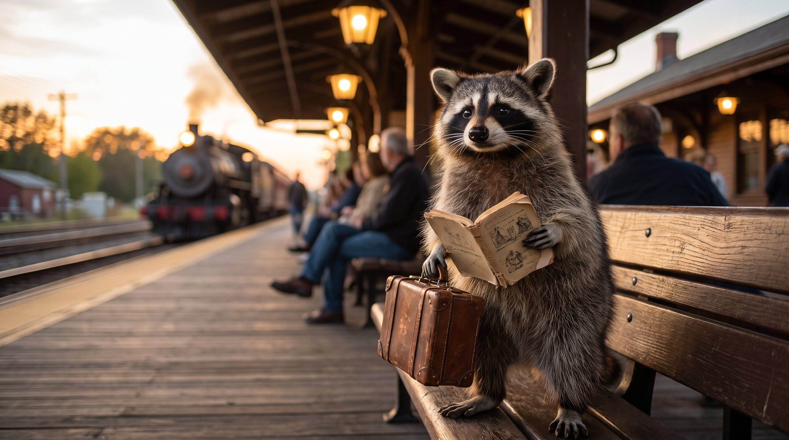 Waschbär mit kleinem Koffer und Büchlein am Bahnsteig