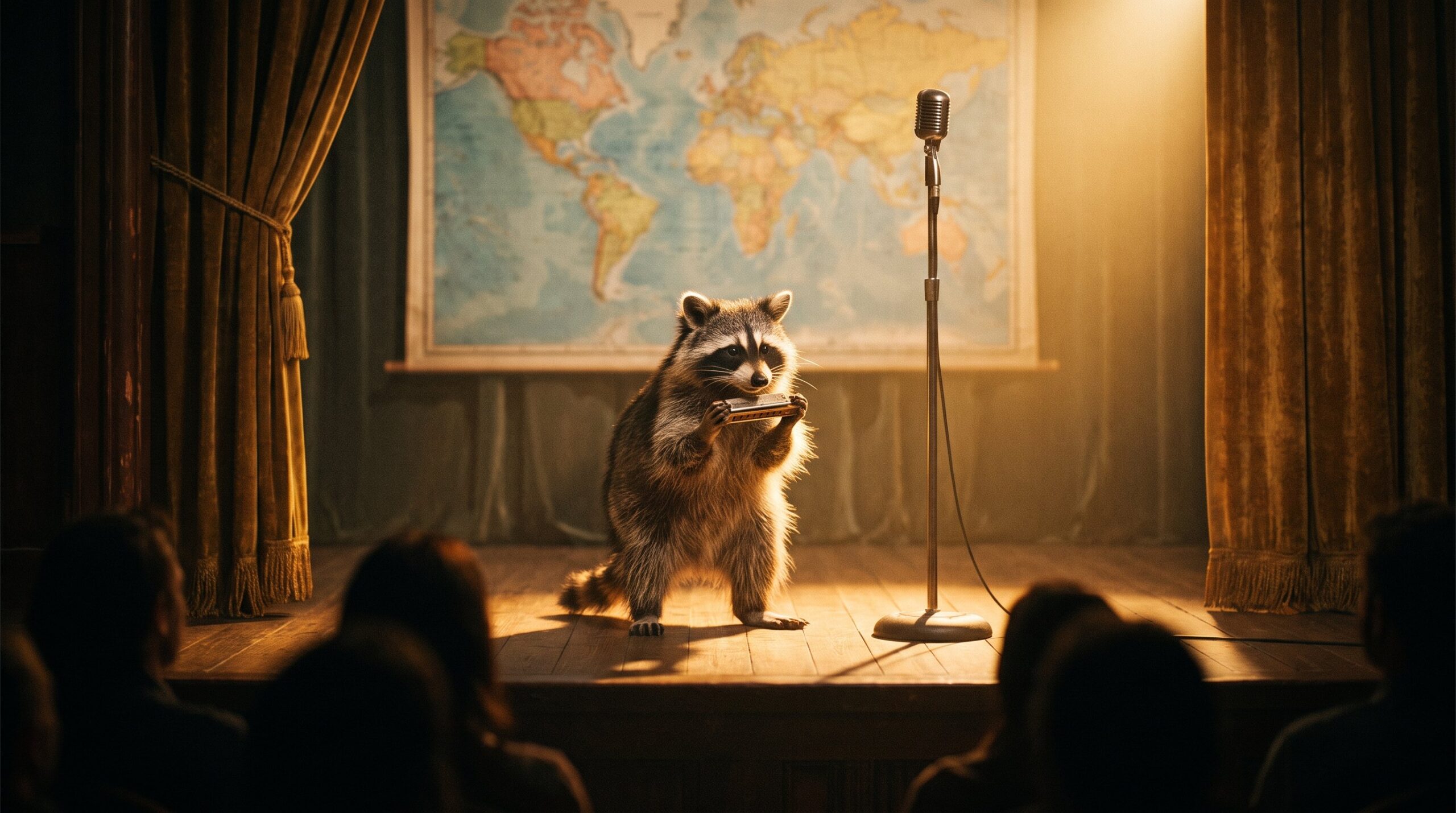 Waschbär auf einer Bühne mit unscharfer Weltkarte im Hintergrund