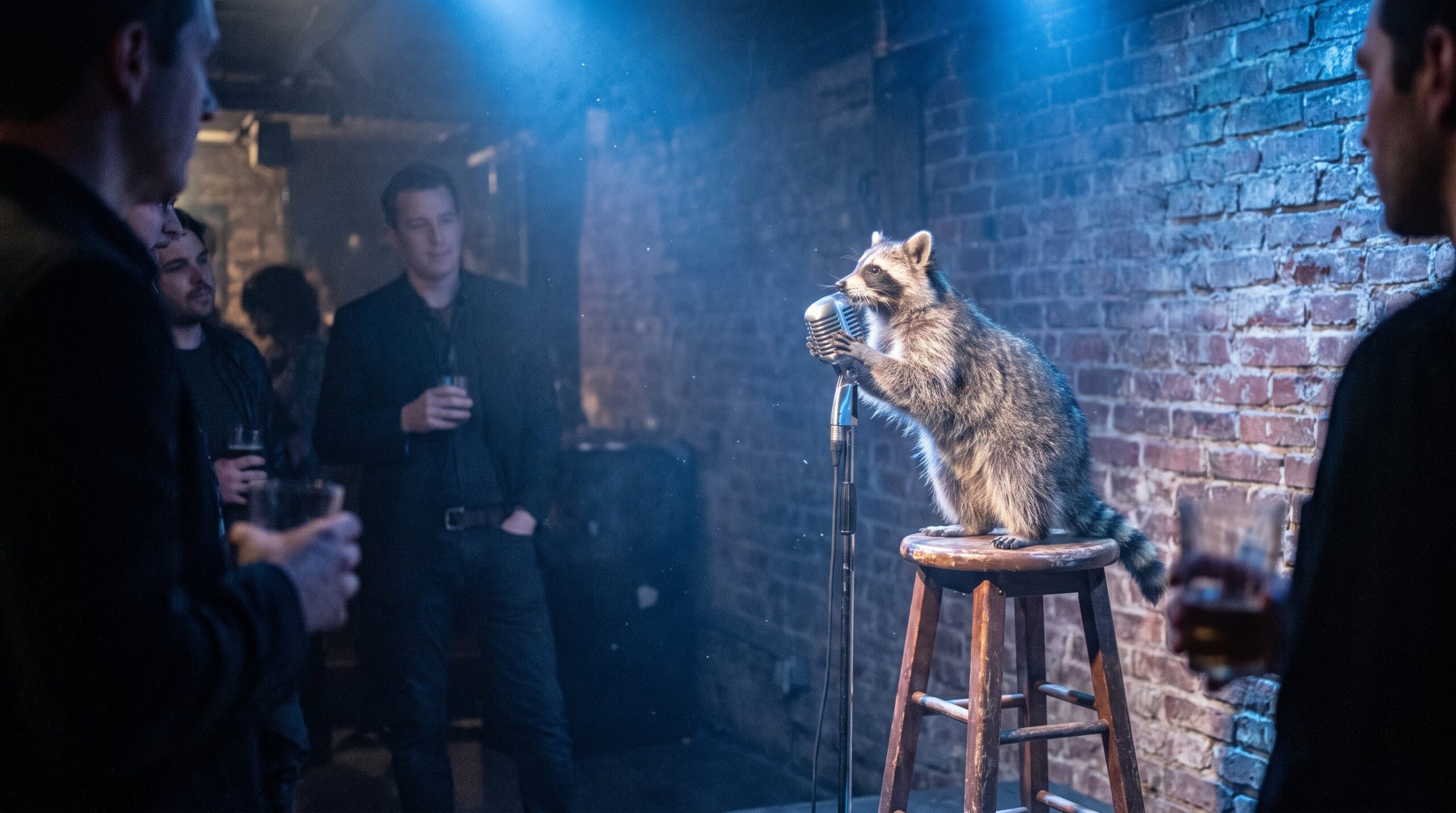 Waschbär am Mikrofon in einem rauen Underground-Club mit Ziegelwand