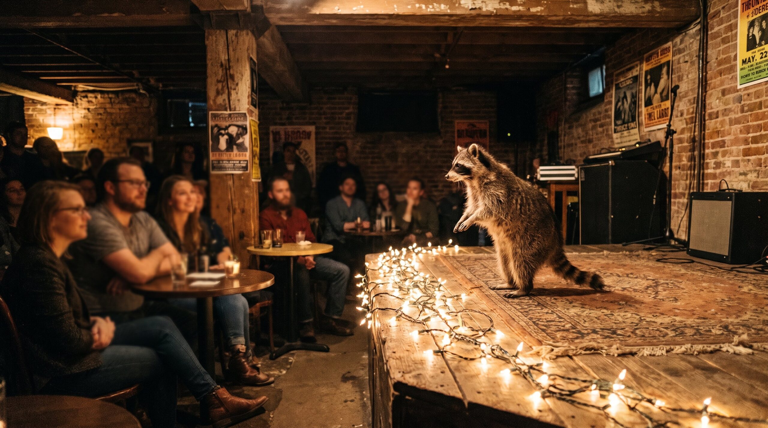 Waschbär auf kleiner Kellerbühne mit Lichterkette, urbane Stimmung