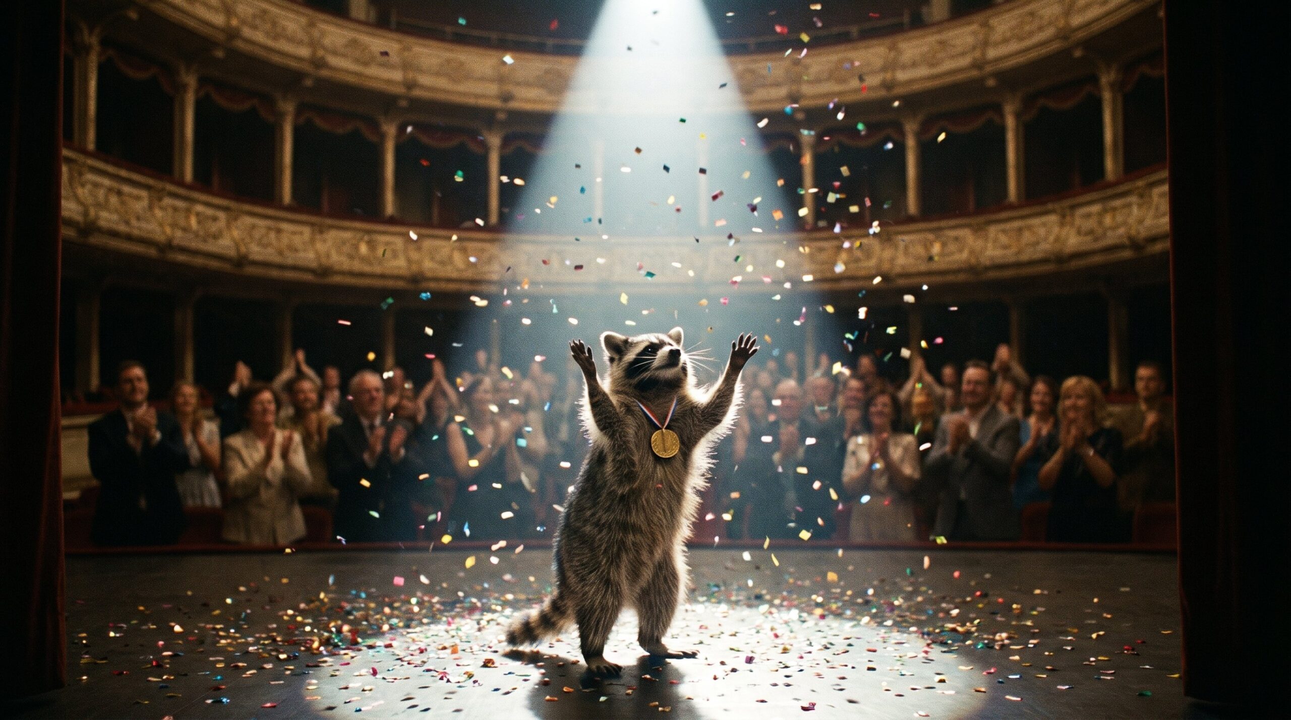 Waschbär auf großer Bühne im Scheinwerfer, Triumphmoment mit Konfetti
