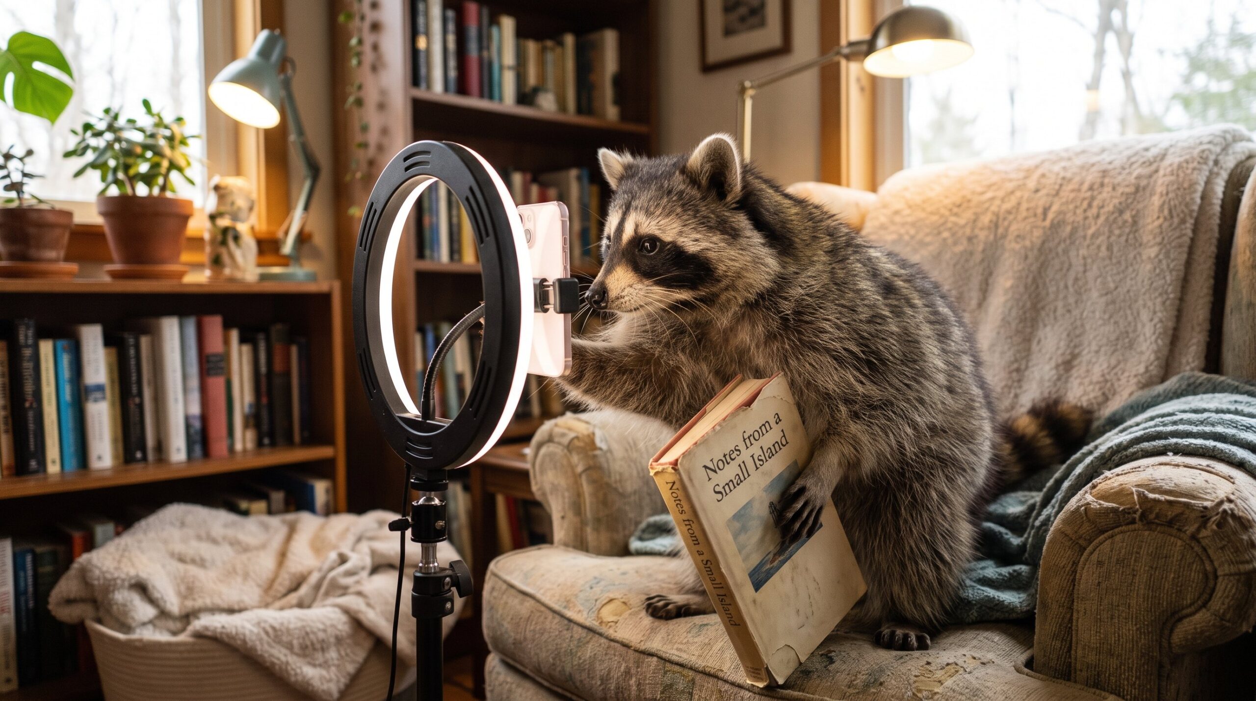 Waschbär filmt sich mit Handy am Ringlicht, hält ein Buch