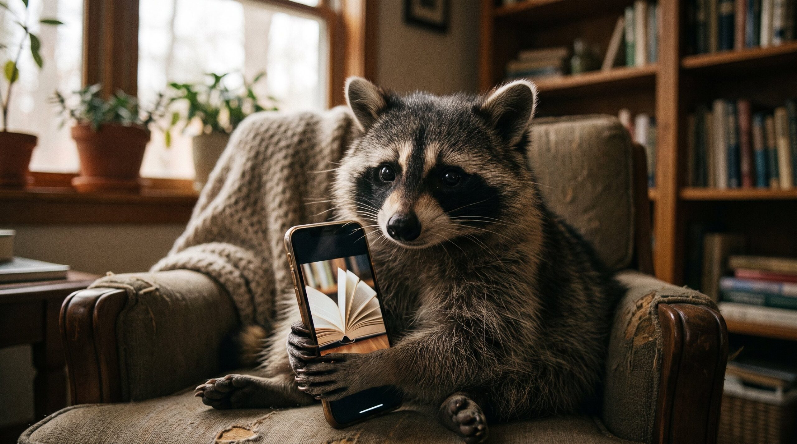 Waschbär hält ein Handy mit einem Hochkant-Video eines Buches