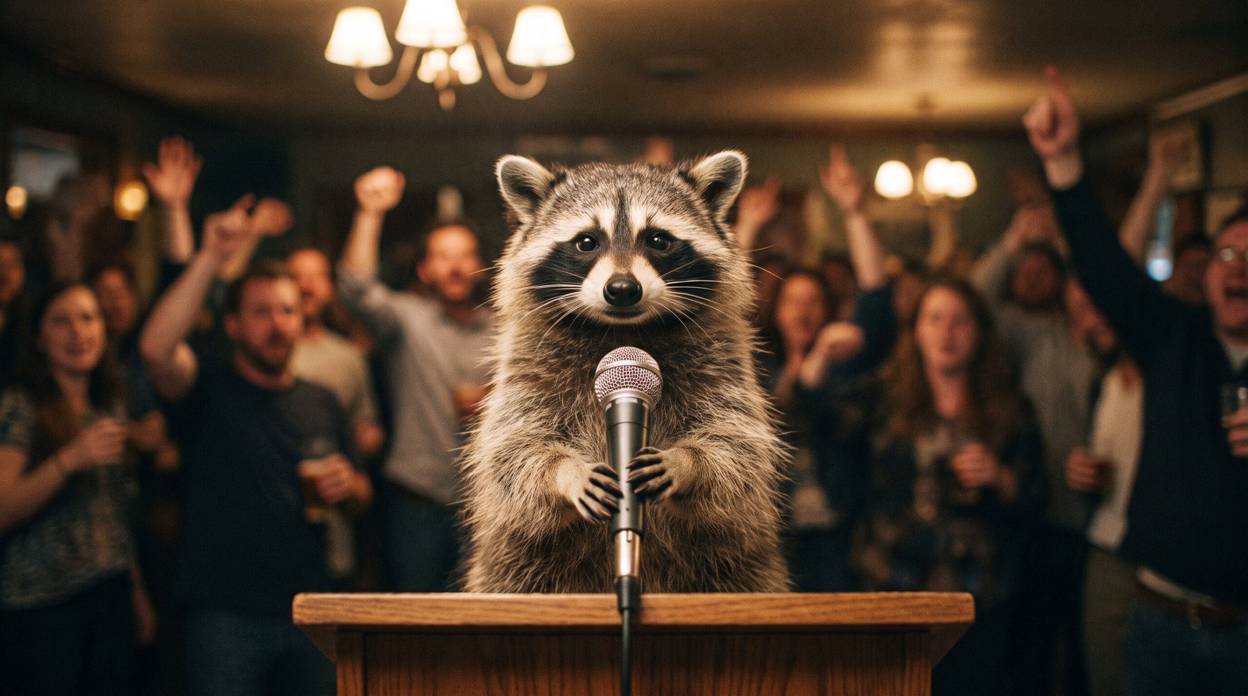 Waschbär steht ruhig am Mikrofon vor einem unruhigen Publikum