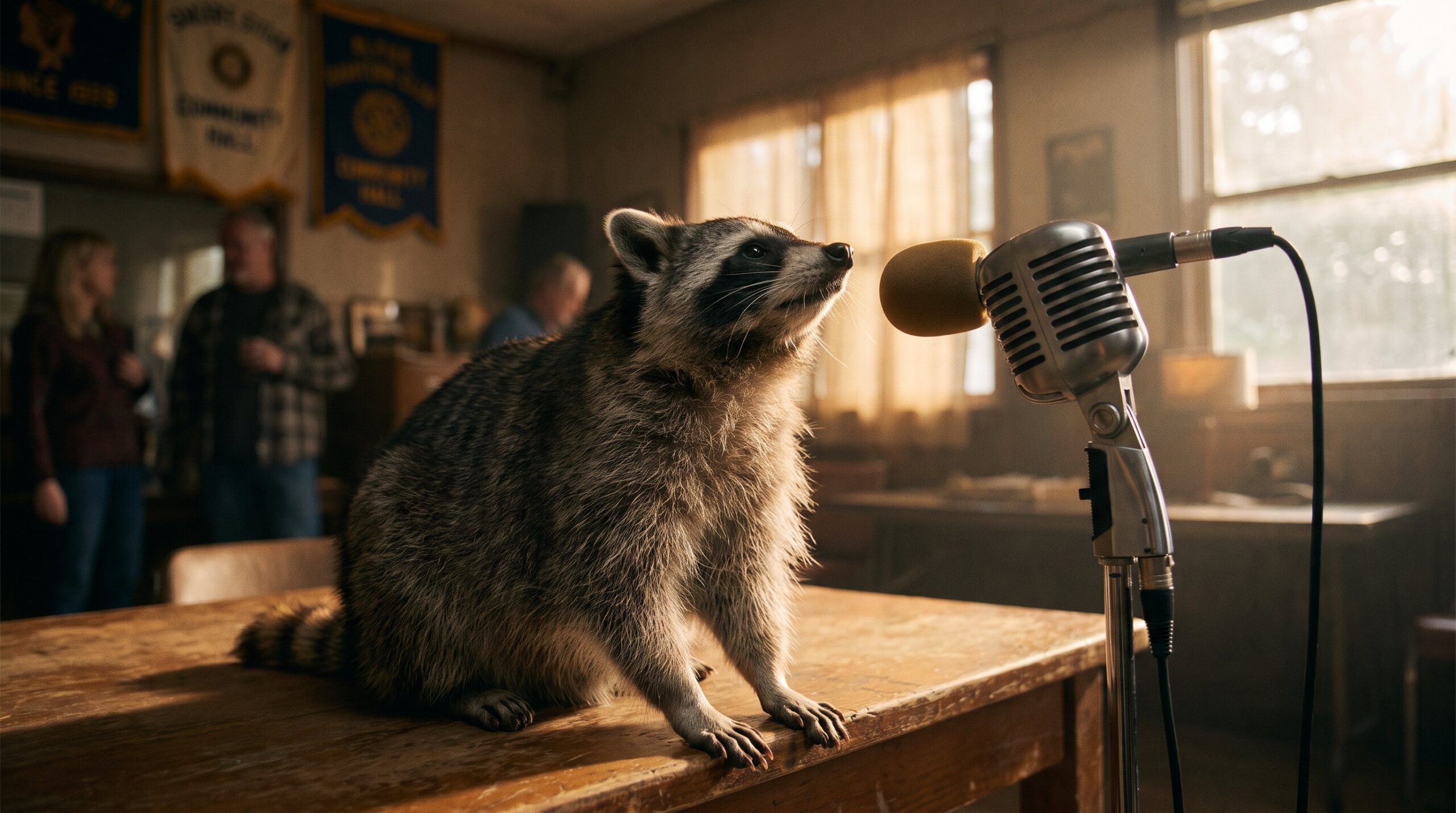 Waschbär mit erhobenem Kinn am Mikrofon, ruhige Gelassenheit