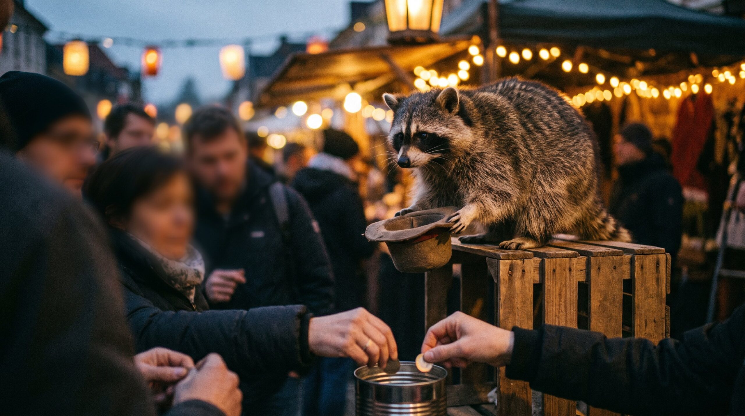 Waschbär hält einen Hut hin, Publikum wirft Münzen hinein