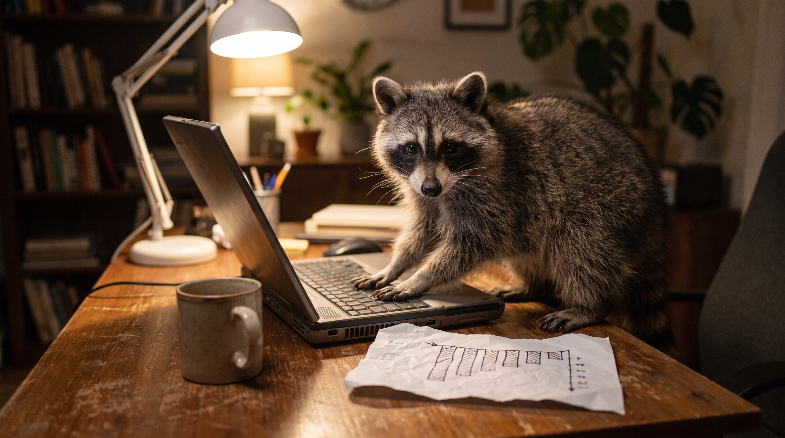 Waschbär am Laptop mit Kaffee und steigendem Balkendiagramm auf Papier