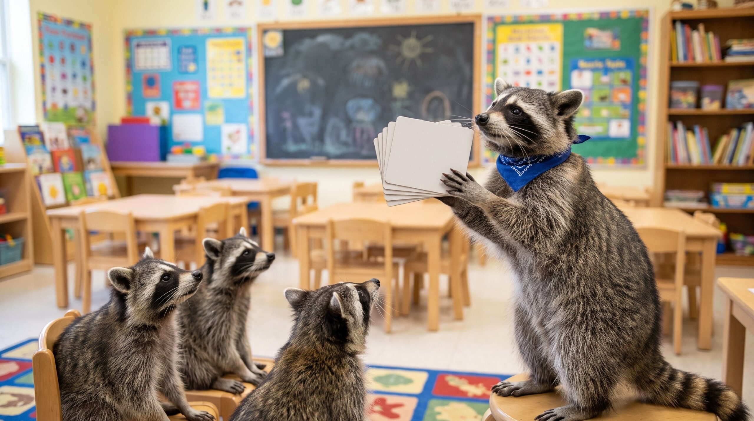 Waschbär zeigt Wortkarten einer kleinen Gruppe aufmerksamer Waschbären