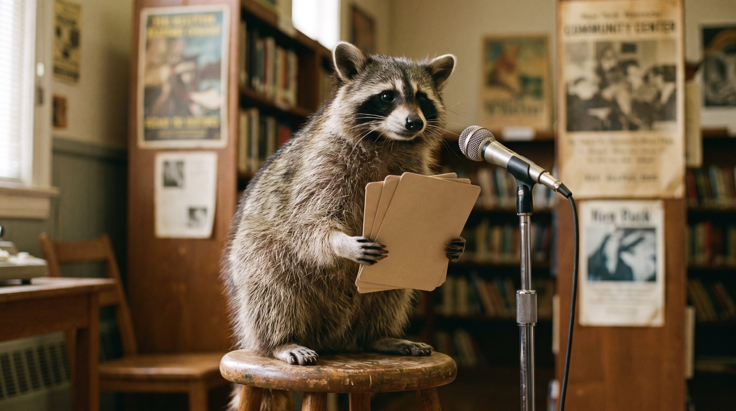 Waschbär am Mikrofon mit großen Karten, Lernstimmung