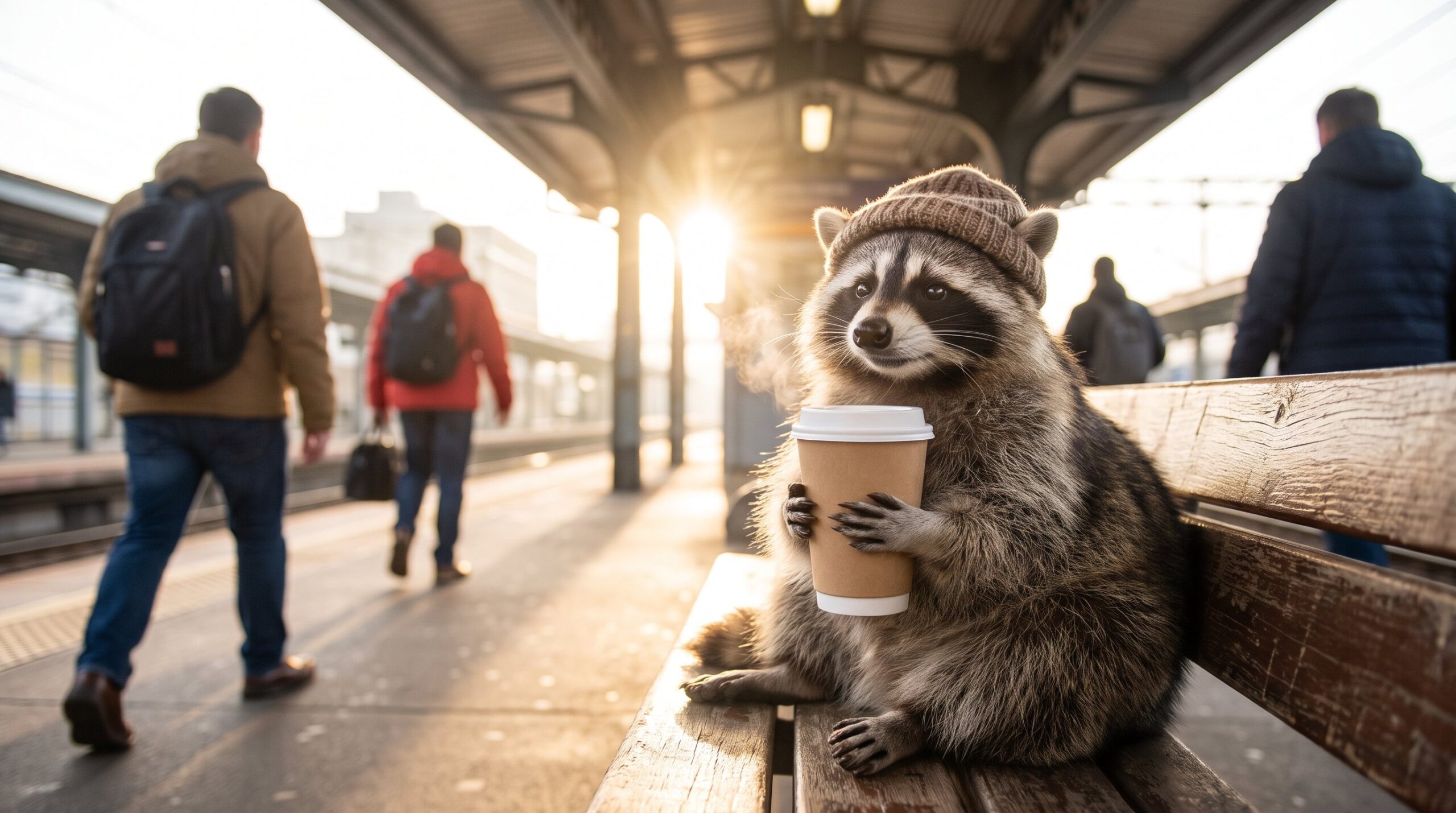 Waschbär hält am sonnigen Morgen einen dampfenden Becher mit beiden Pfoten