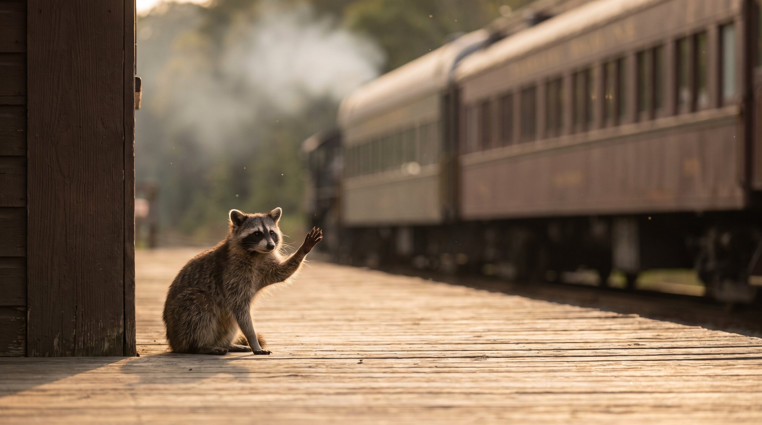 Waschbär winkt einem abfahrenden Zug nach
