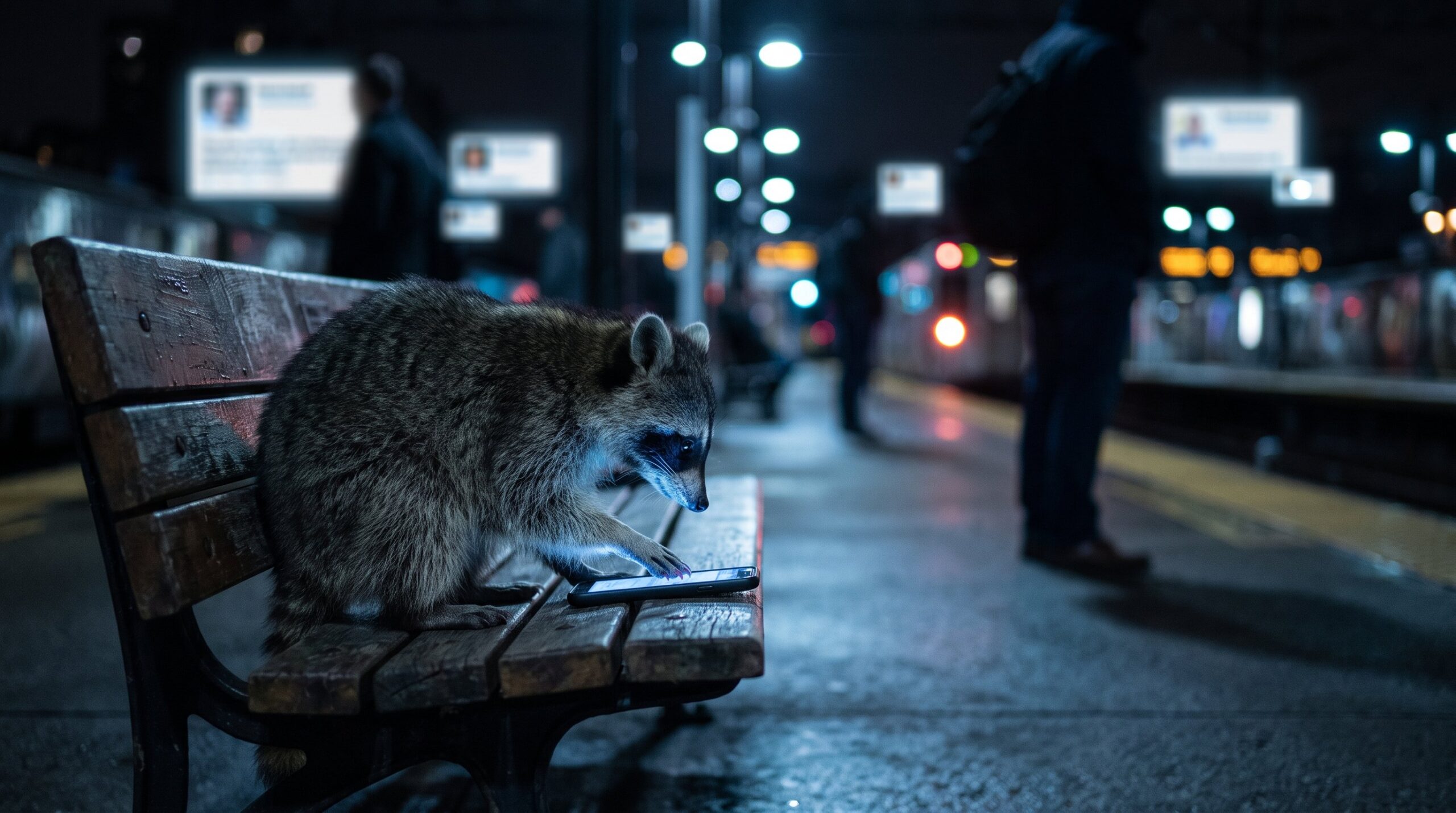 Waschbär wischt nachts auf einer Bank am Handy, leuchtende Profilkarten ringsum