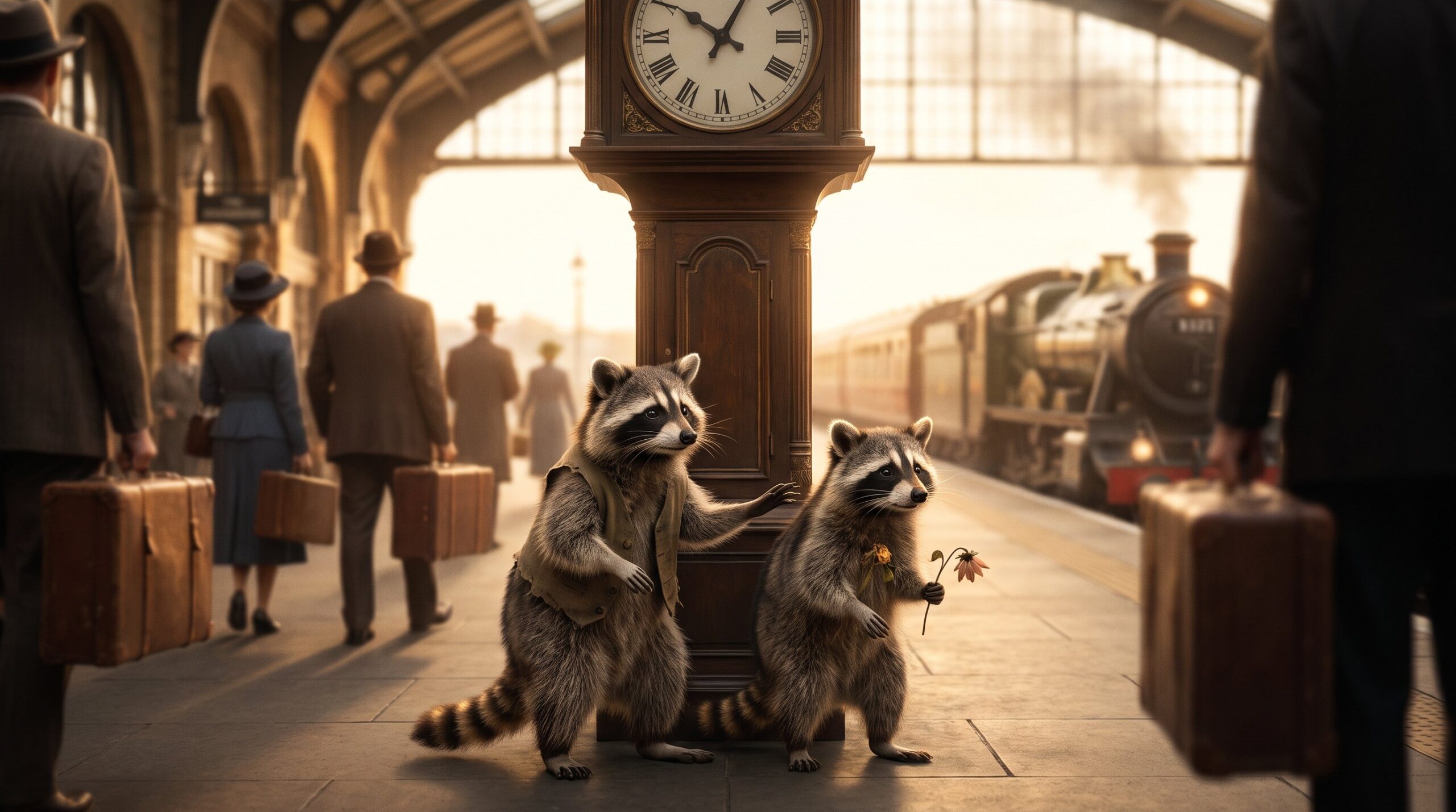 Zwei Waschbären treffen sich etwas nervös unter der Bahnhofsuhr zum ersten Date