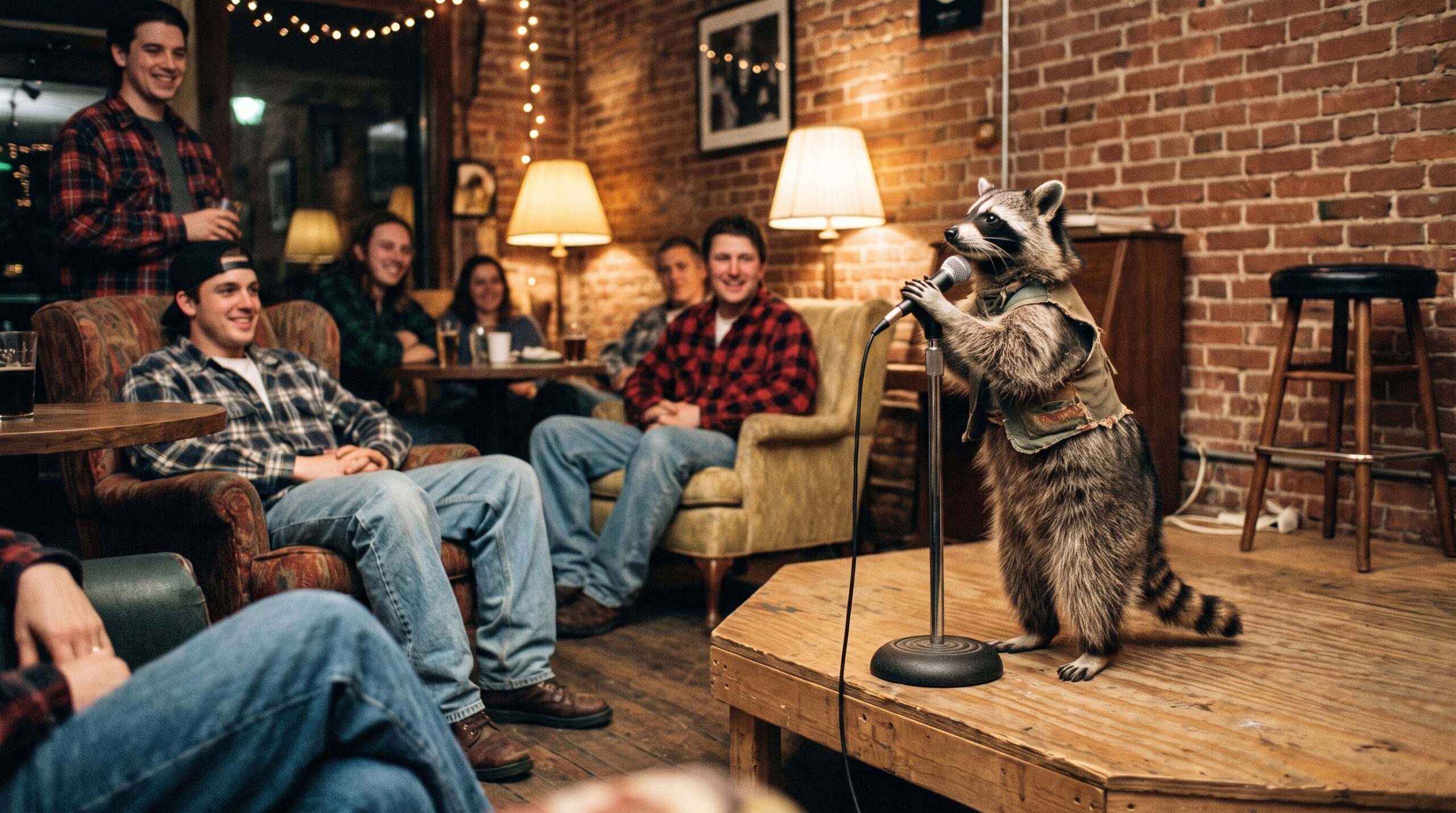 Waschbär trägt in einem 90er-Jahre-Café mit Ziegelwand vor