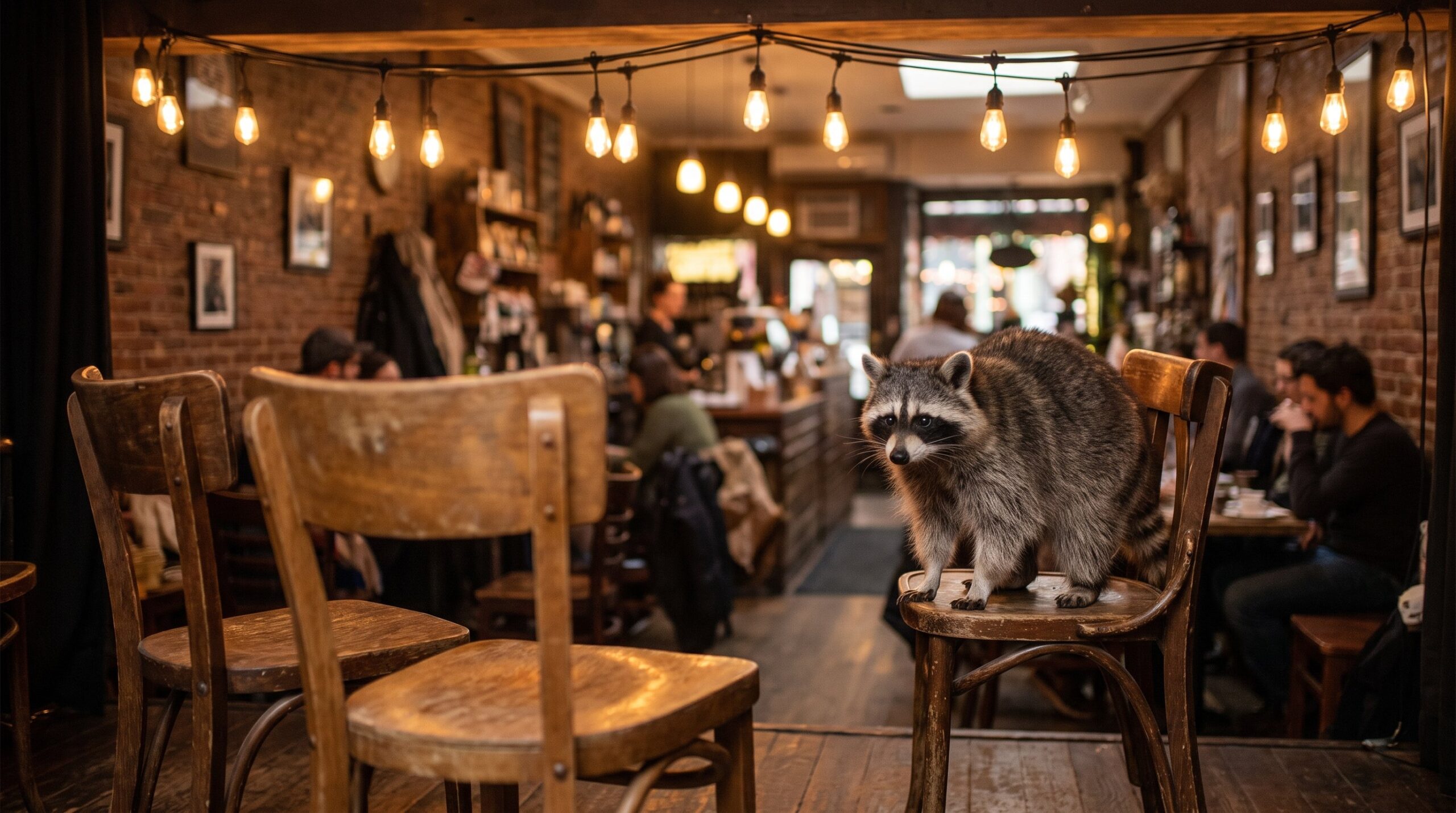 Waschbär auf einer kleinen Café-Bühne mit Lichterkette