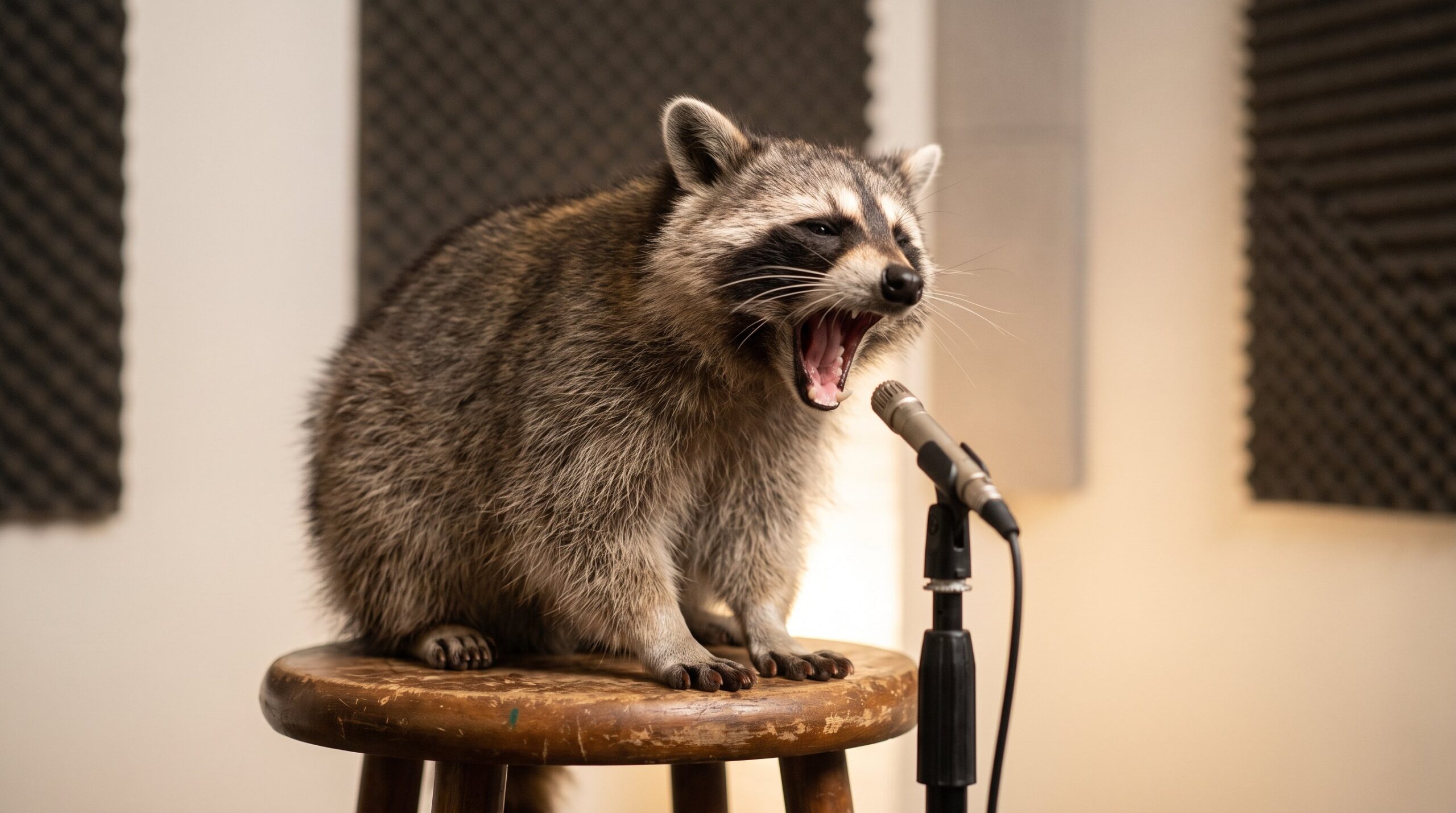 Waschbär bei der Stimmübung, Mund weit geöffnet