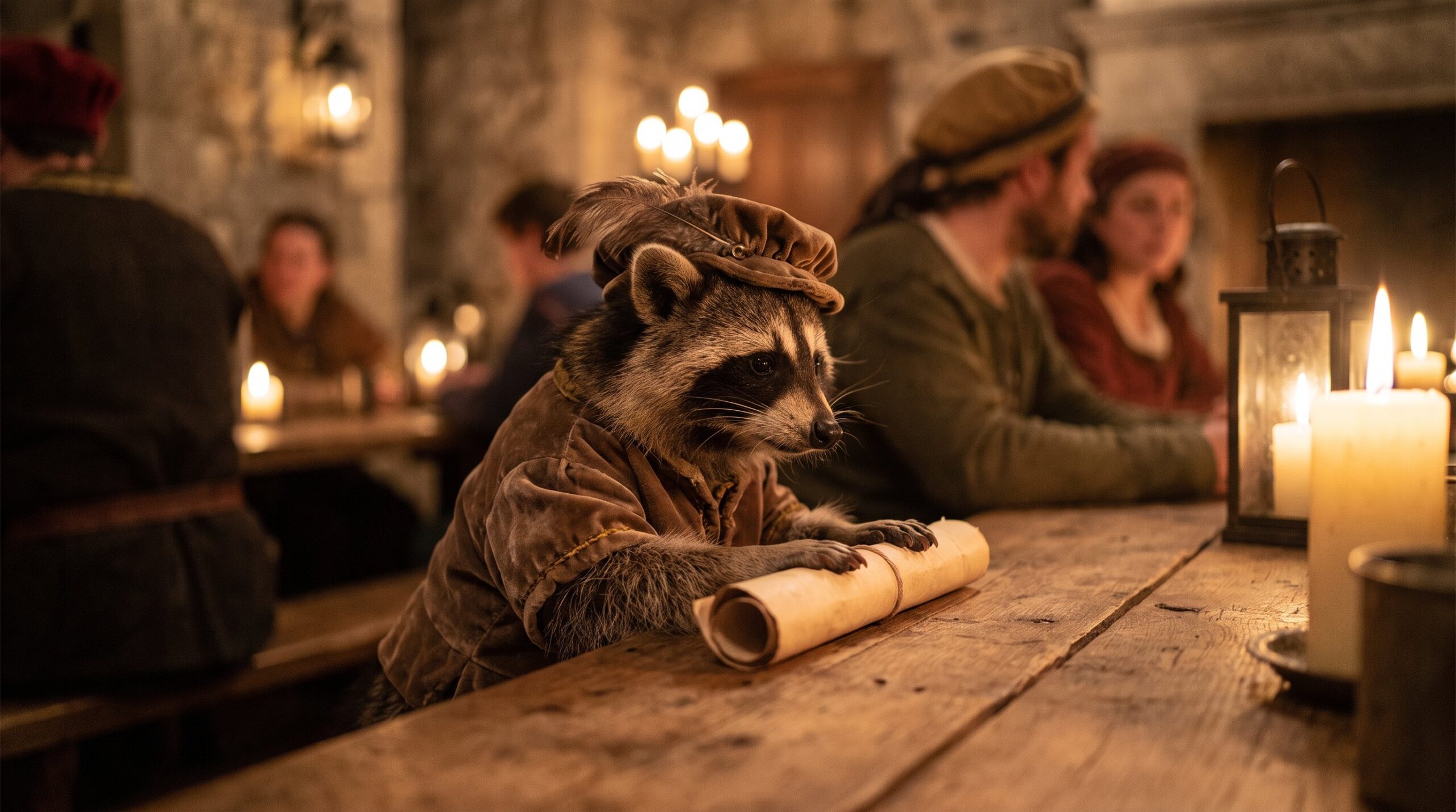 Waschbär als mittelalterlicher Sänger mit Pergamentrolle beim Wettstreit