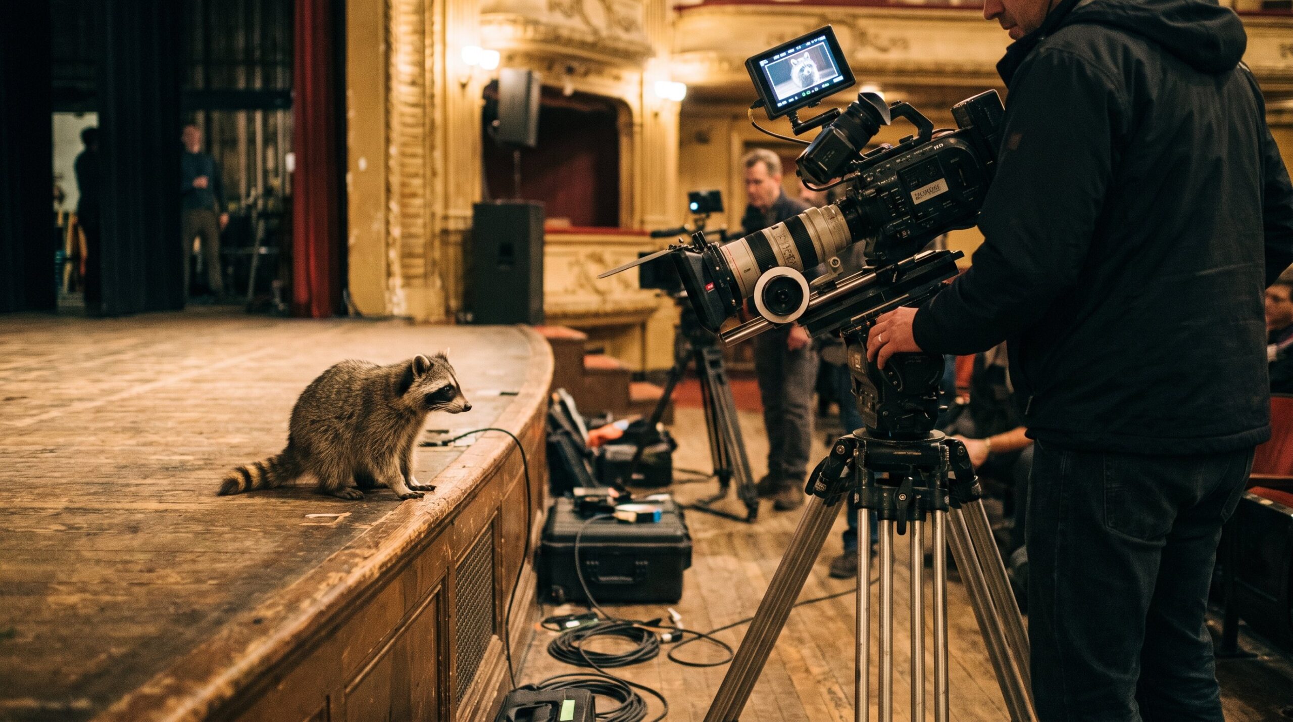 Waschbär auf einer Bühne, gefilmt von einer Dokukamera auf Stativ