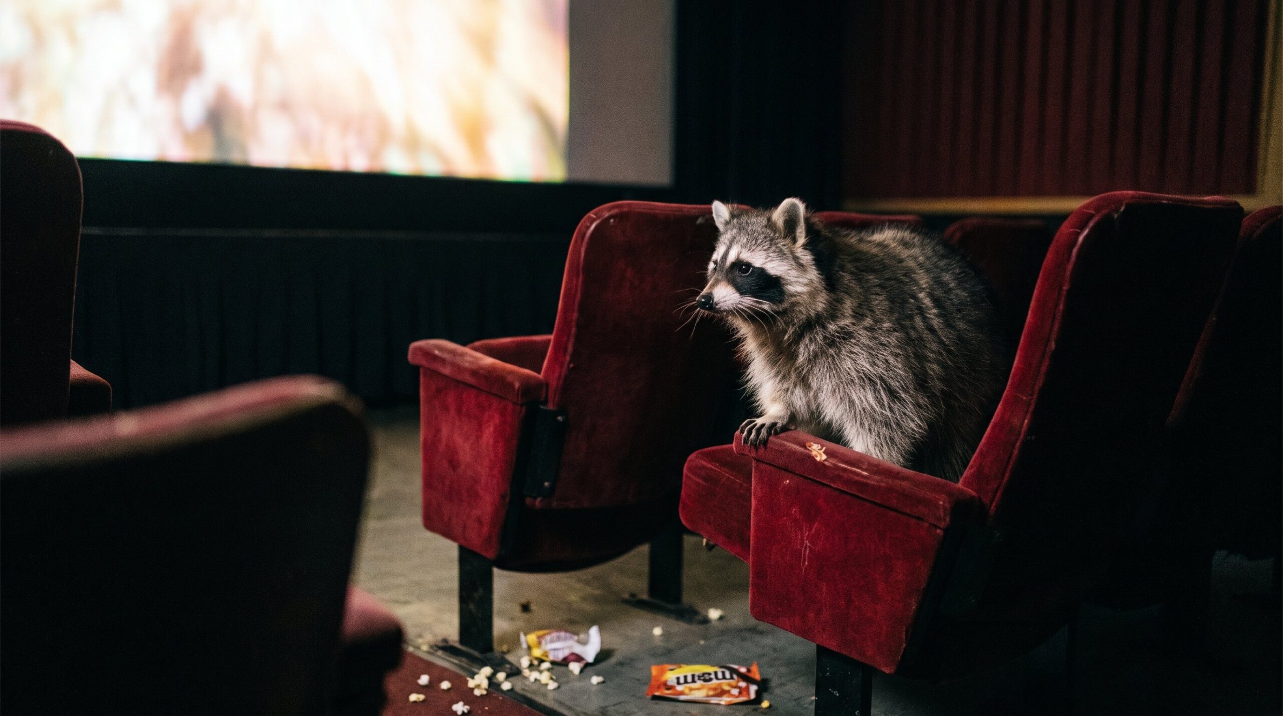 Waschbär sitzt im roten Kinosessel vor leuchtender Leinwand