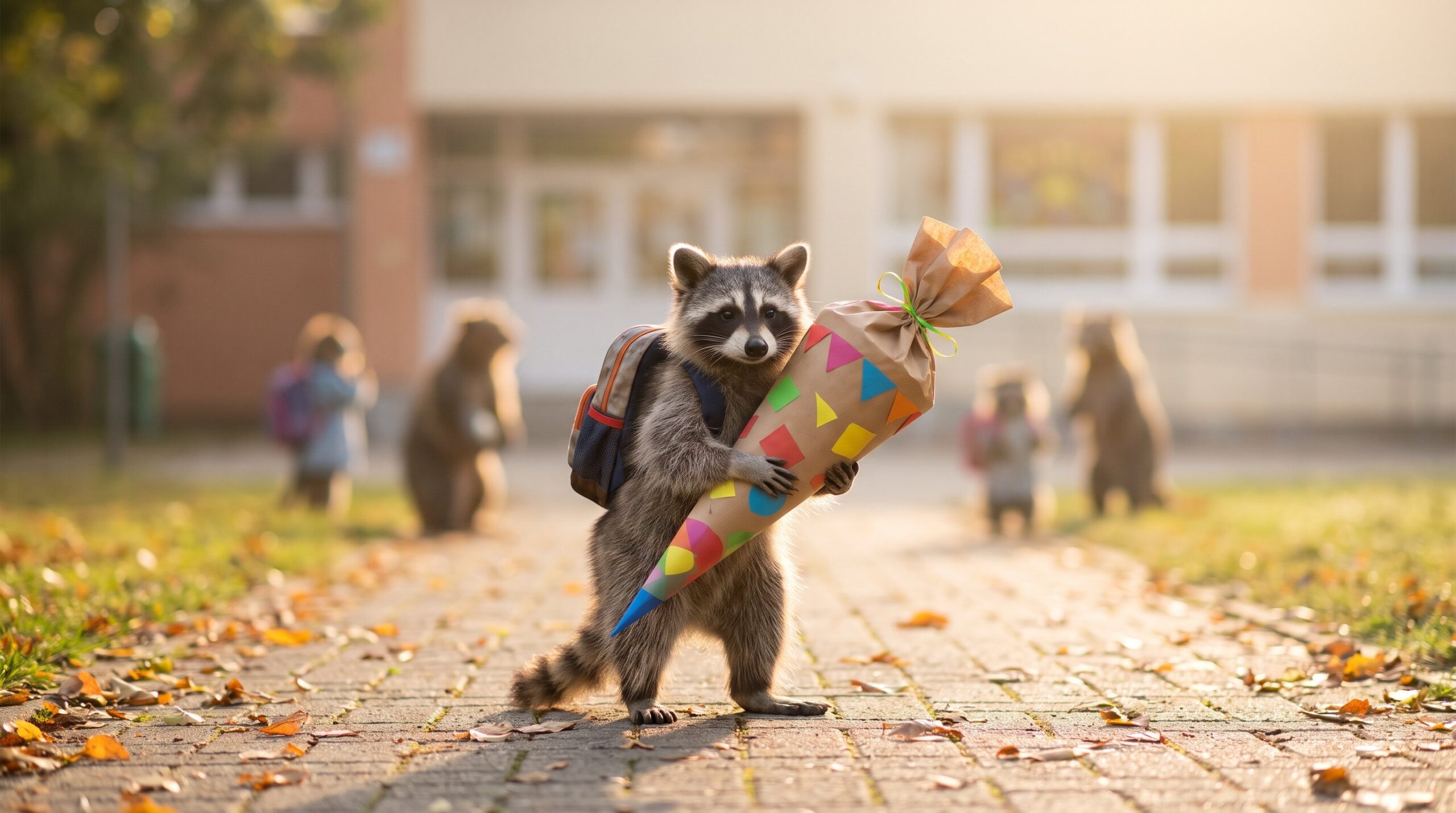 Kleiner Waschbär mit großer Schultüte und Ranzen am ersten Schultag
