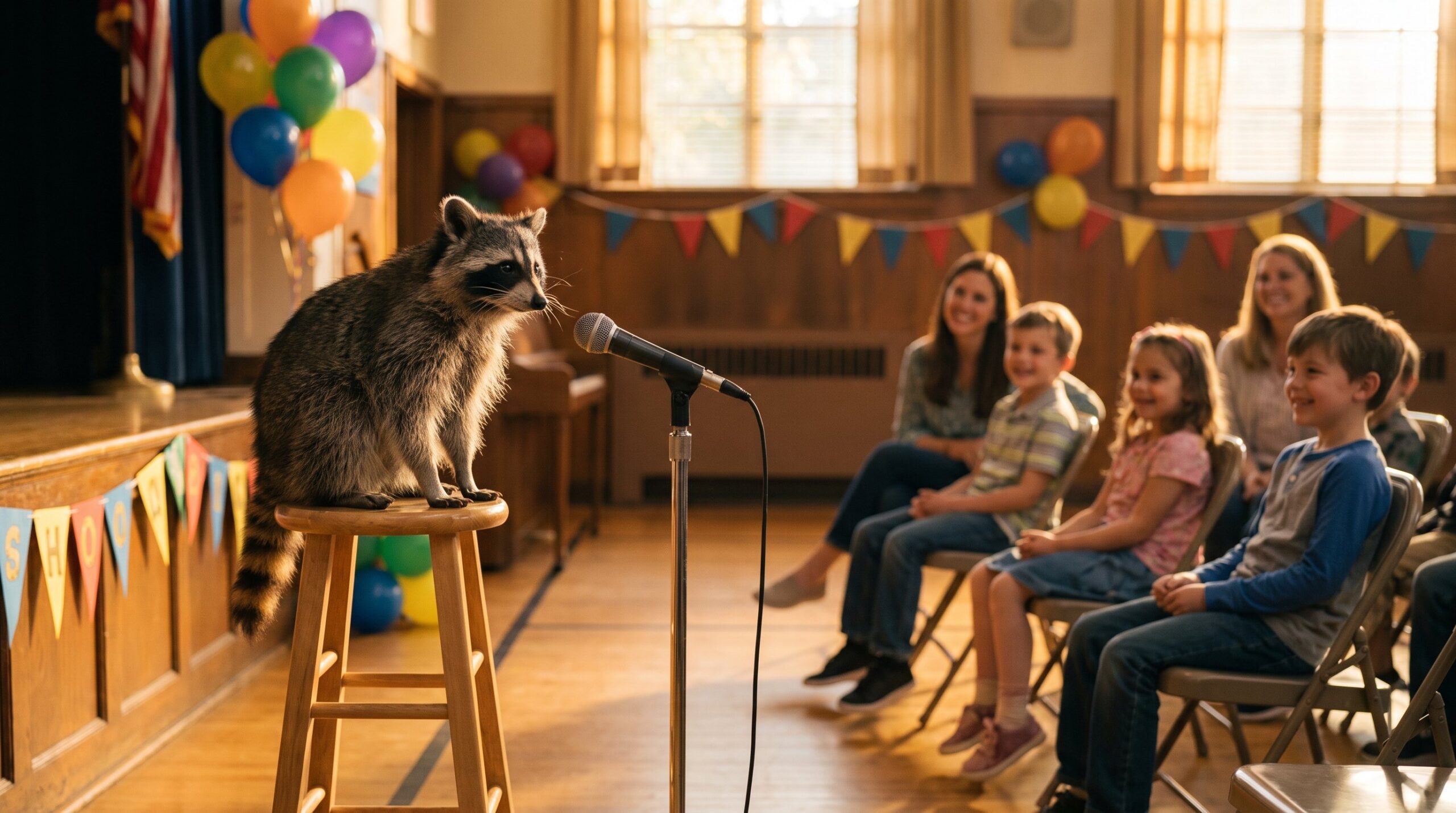 Waschbär am Mikrofon bei einer Schulfeier mit kleinem Publikum
