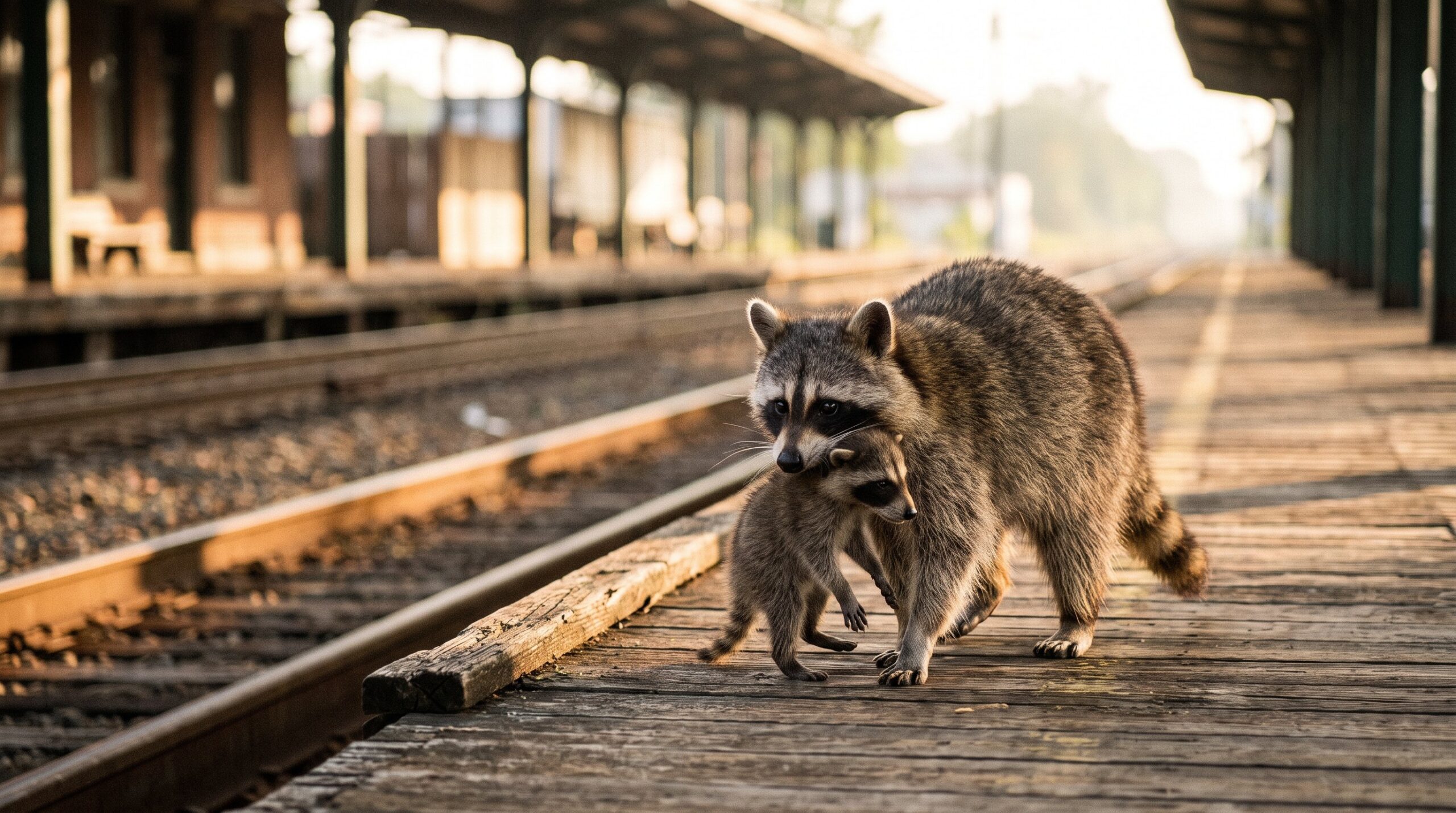 Erwachsener Waschbär trägt zärtlich ein Waschbärbaby auf dem Bahnsteig