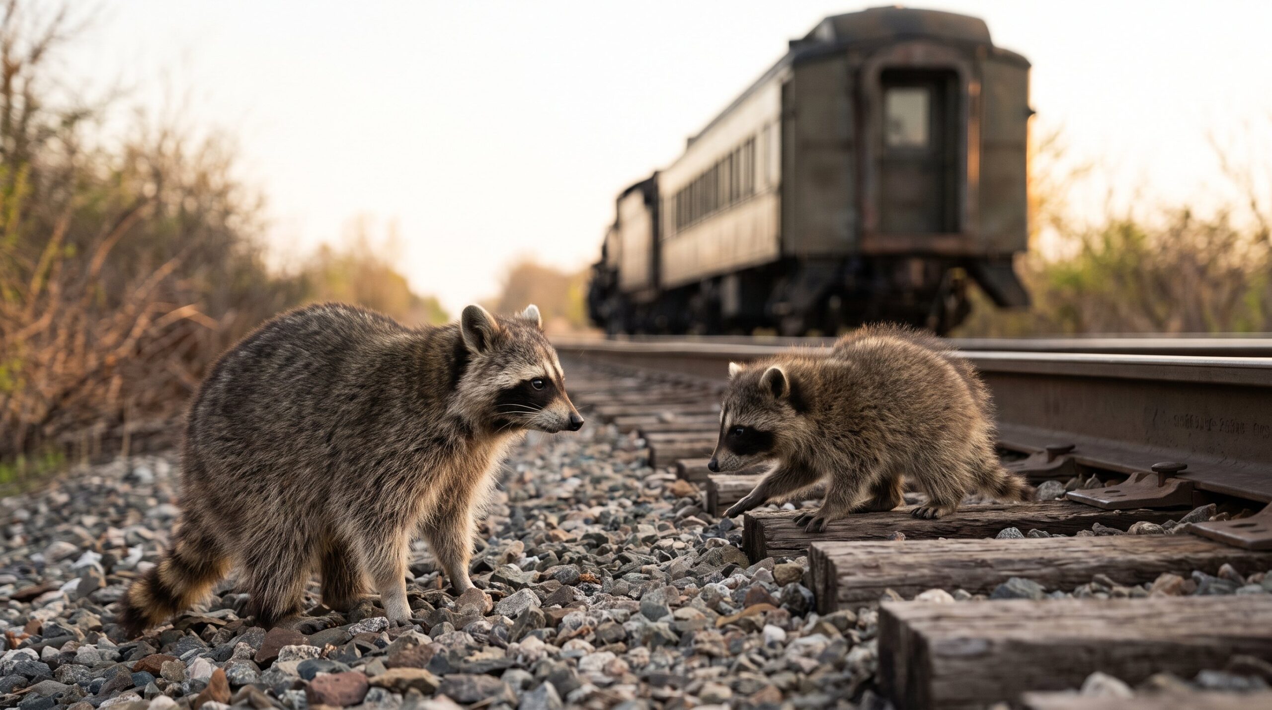 Waschbär beobachtet ein tapsendes Waschbärkind auf dem Weg zum Zug
