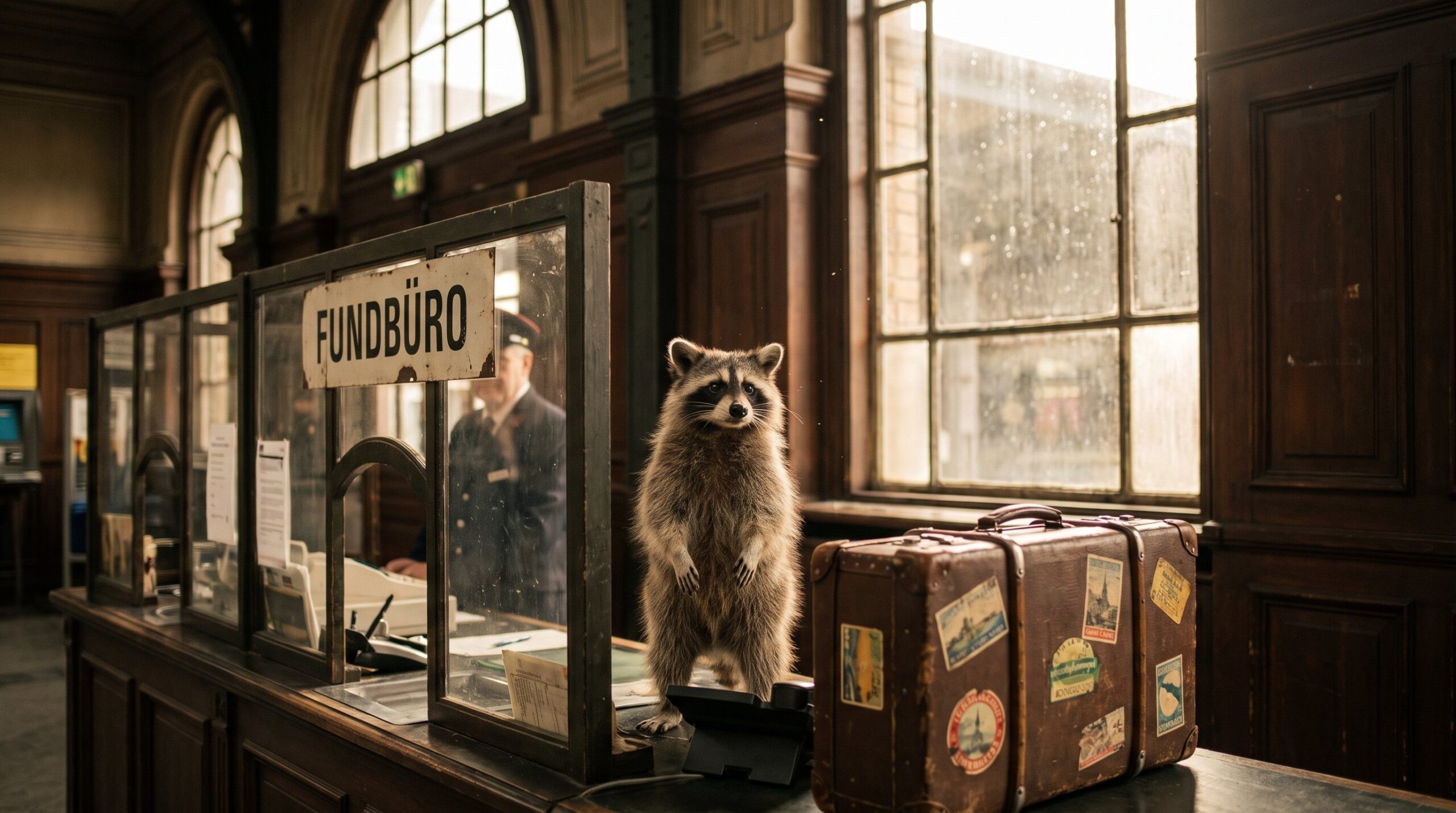 Waschbär steht am Fundbüro-Schalter eines alten Bahnhofs mit einem alten Koffer