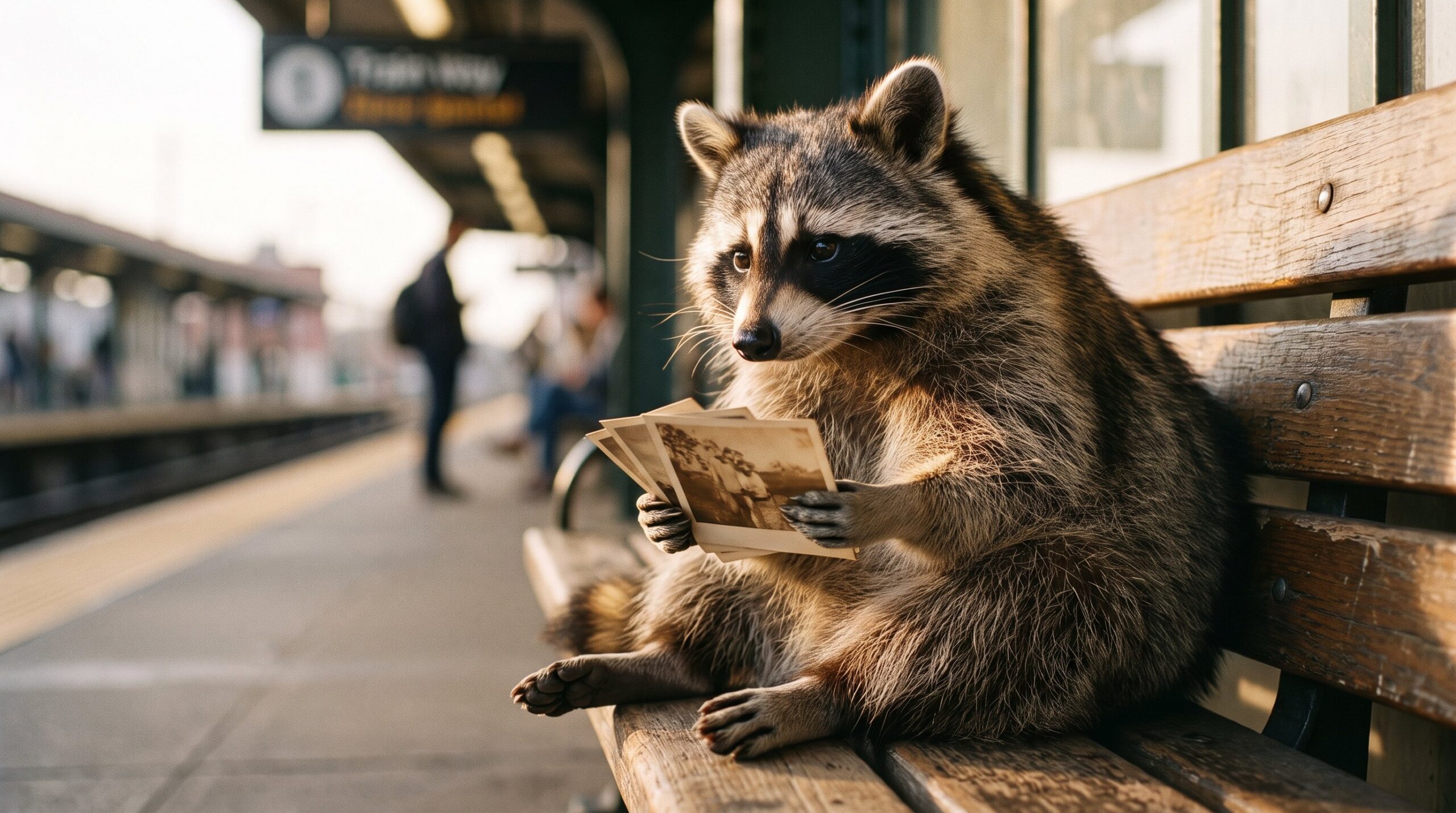 Waschbär sitzt auf einer Bank und betrachtet alte, verblasste Fotografien