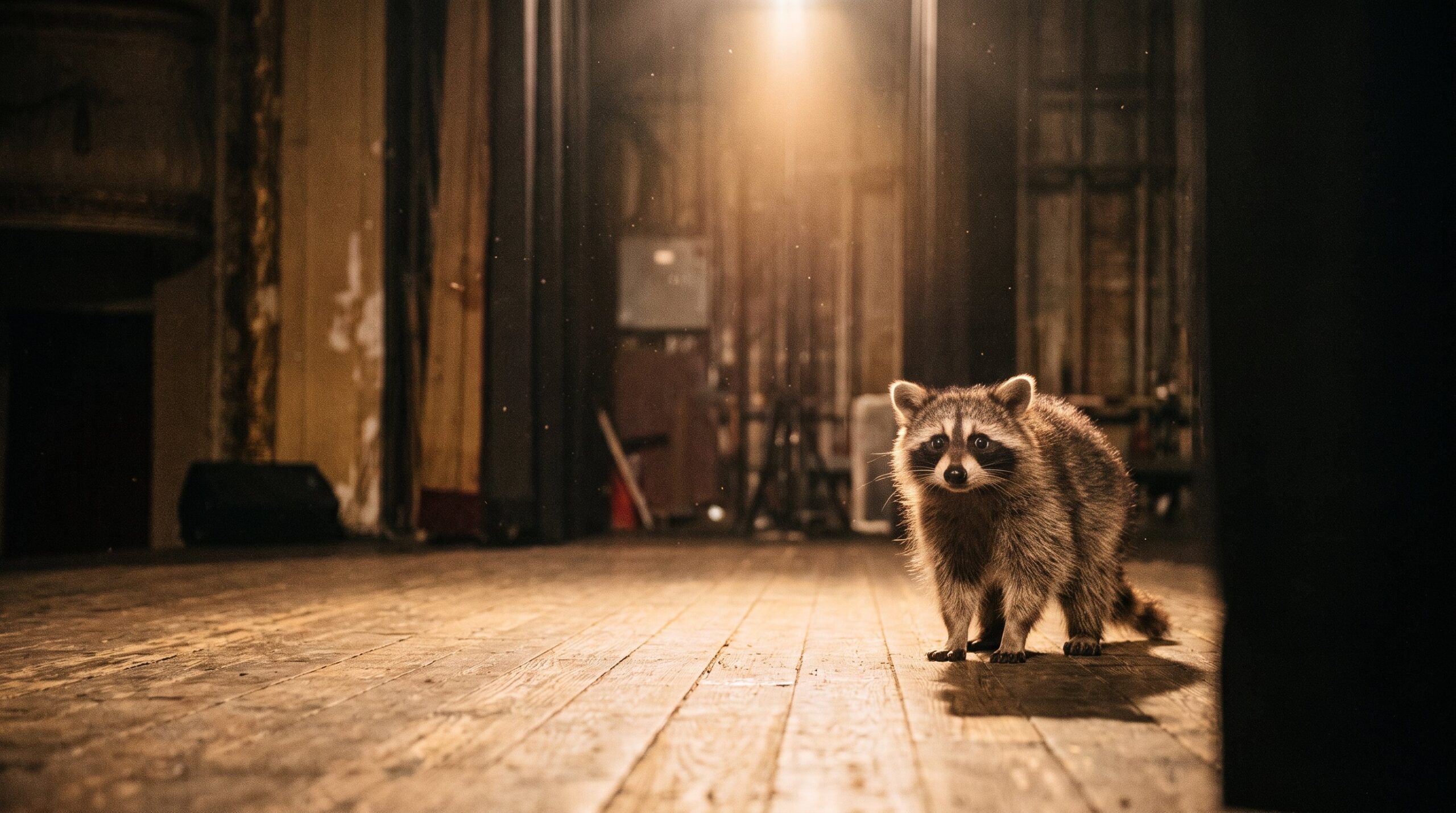Kleiner, nervöser Waschbär betritt zum ersten Mal das Rampenlicht