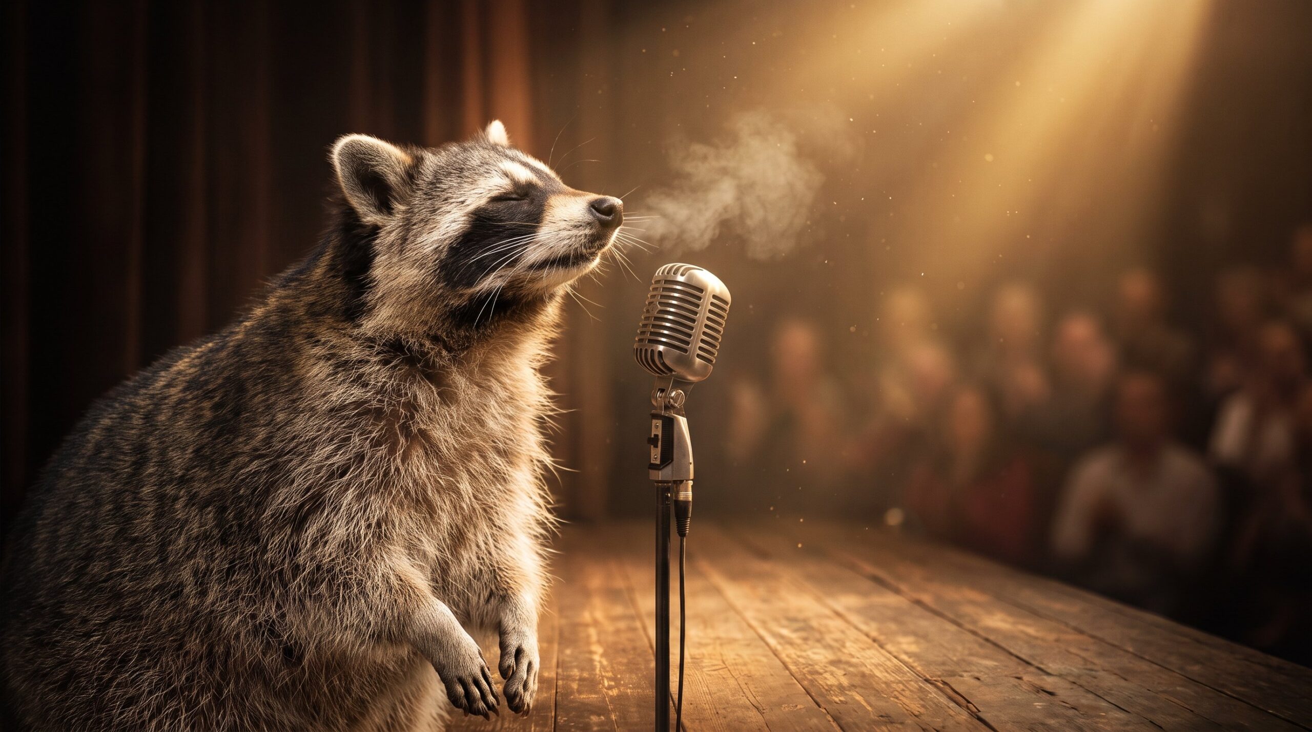 Waschbär holt direkt vor dem Mikrofon tief Luft