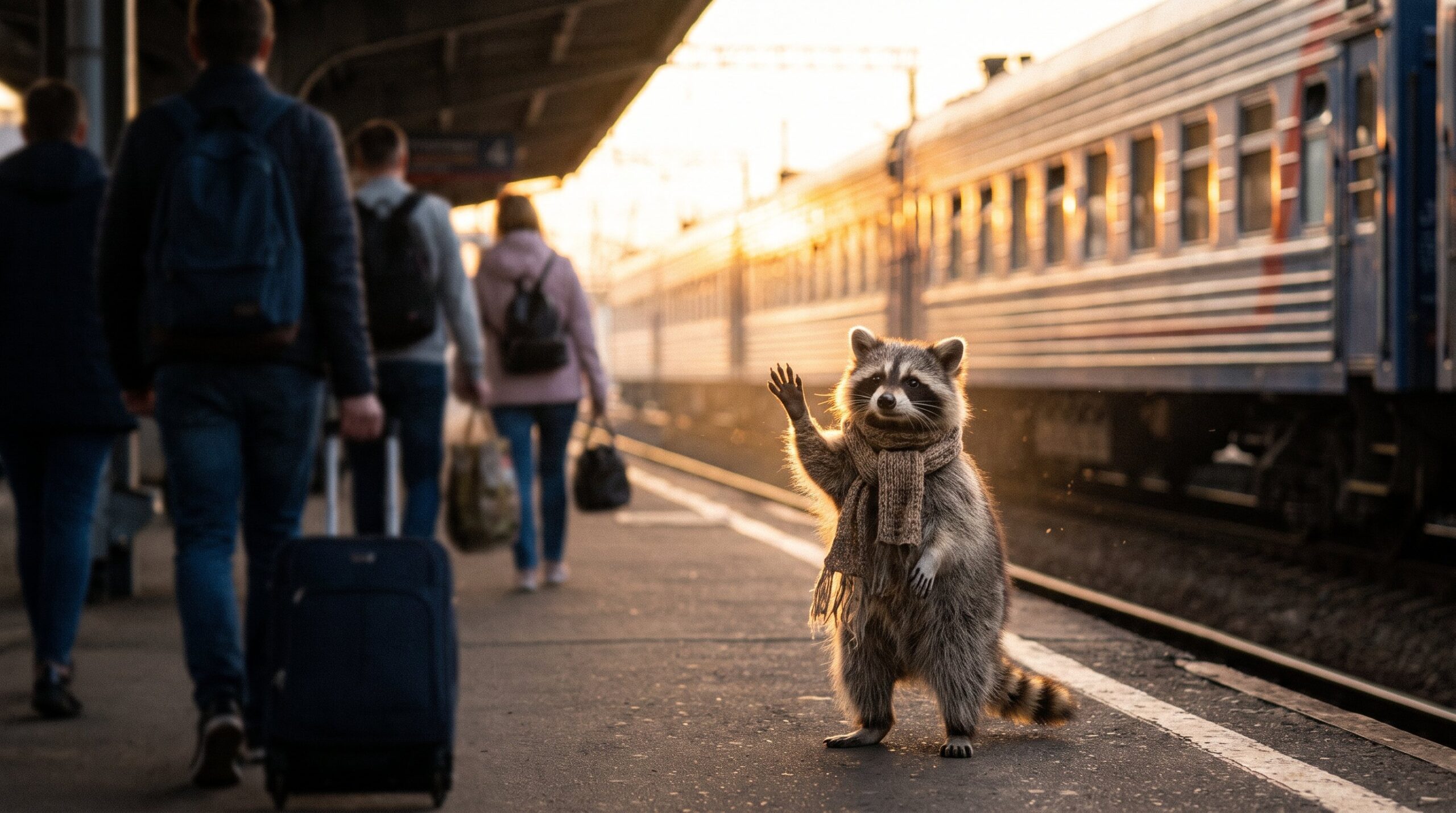 Waschbär winkt am Bahnsteig einem abfahrenden Zug nach, bittersüßer Abschied