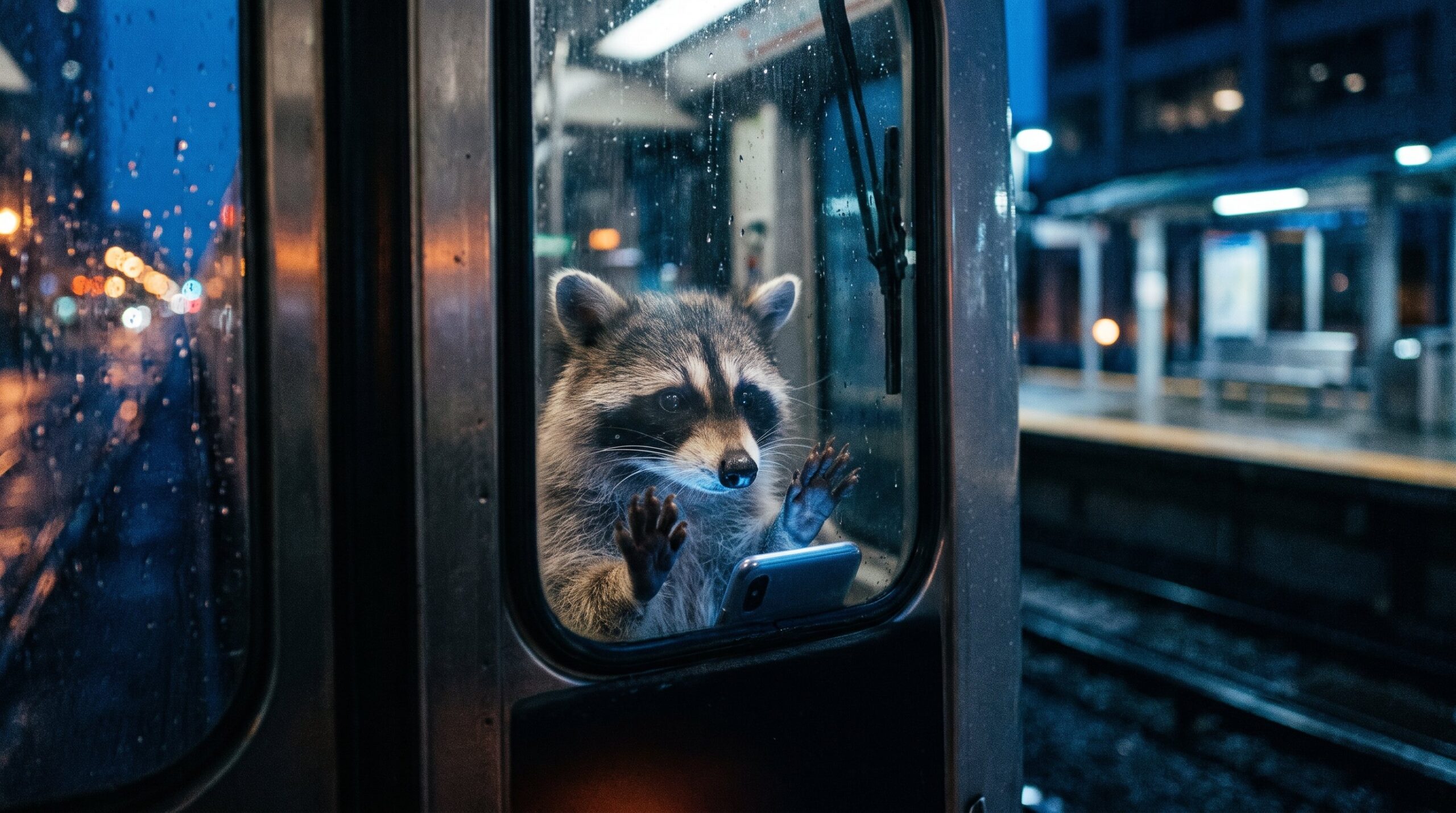 Waschbär allein am Zugfenster bei Nacht, das Gesicht vom Handy beleuchtet